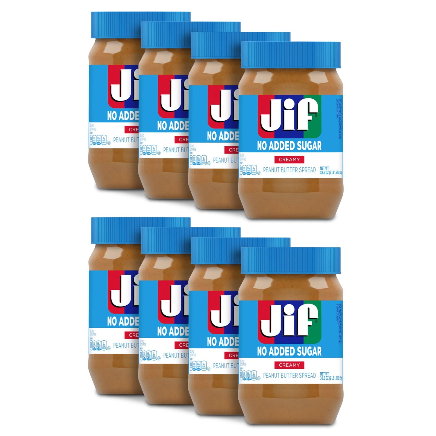 Jif No Added Sugar Creamy Peanut Butter Spread, 33.5 Ounces (Pack Of 8), Smooth, Creamy Texture, No Stir Peanut Butter Spread