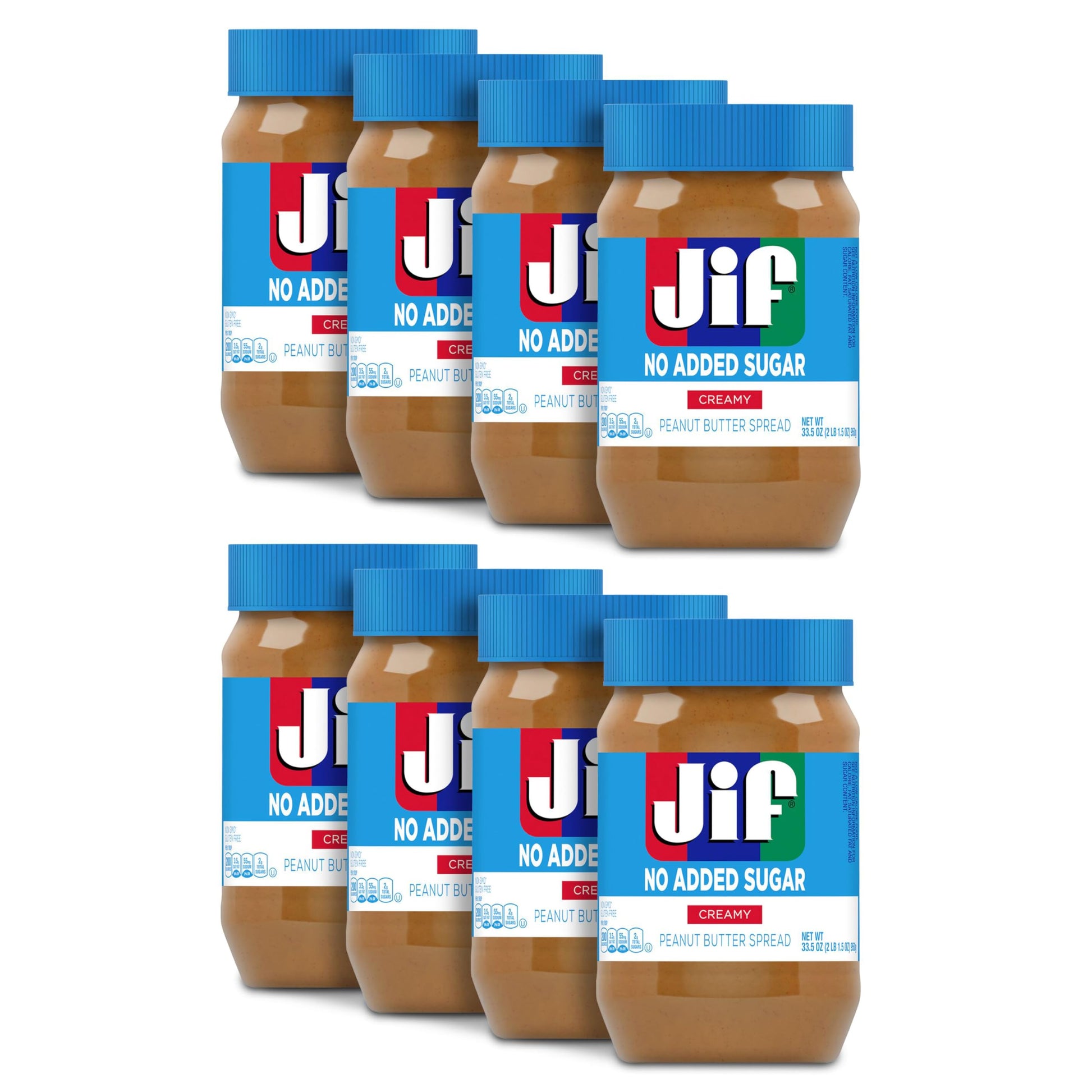 Jif No Added Sugar Creamy Peanut Butter Spread, 33.5 Ounces (Pack Of 8), Smooth, Creamy Texture, No Stir Peanut Butter Spread