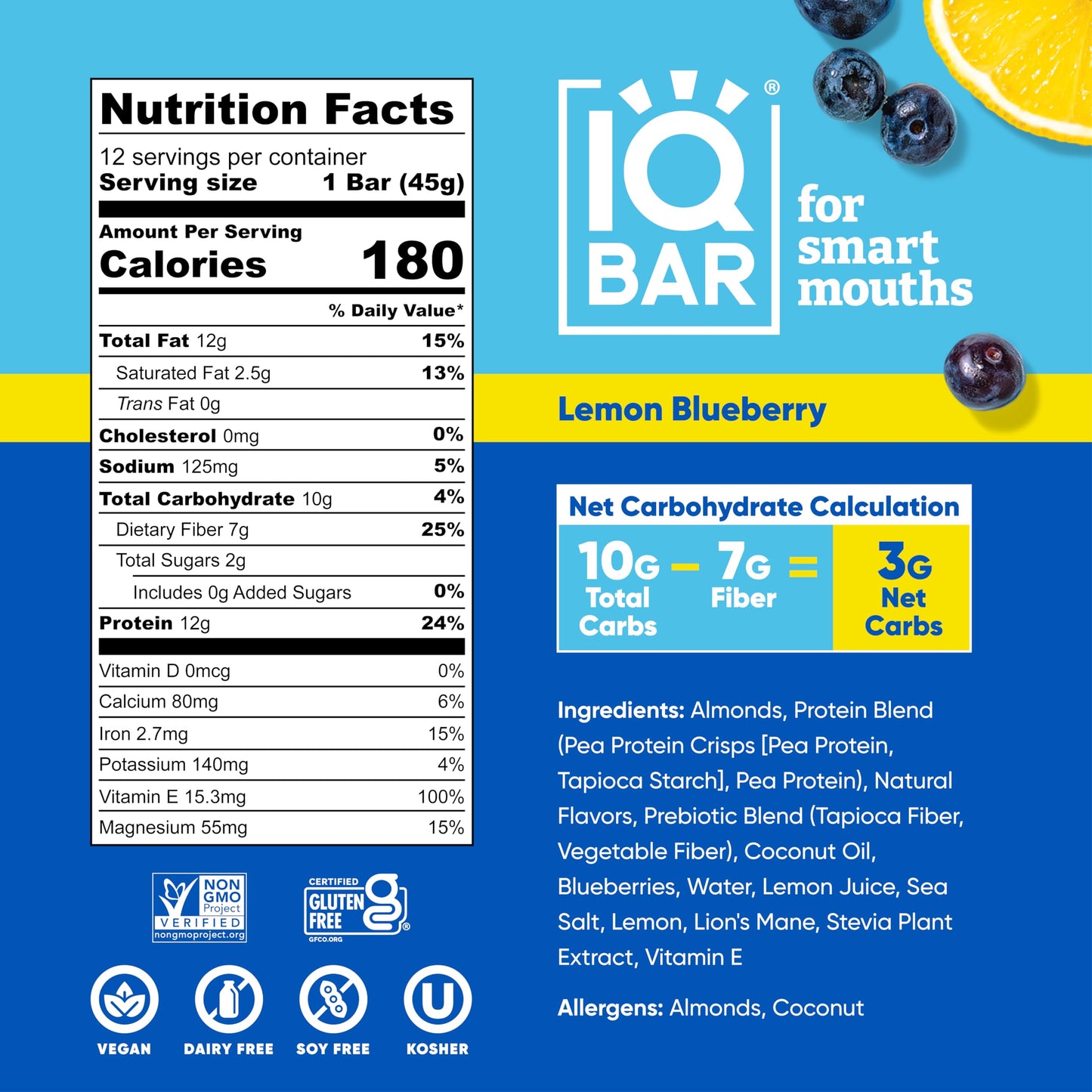 IQBAR Keto Protein Bars - Lemon Blueberry - 24 Count - Low Carb, High Fiber, Vegan Snack