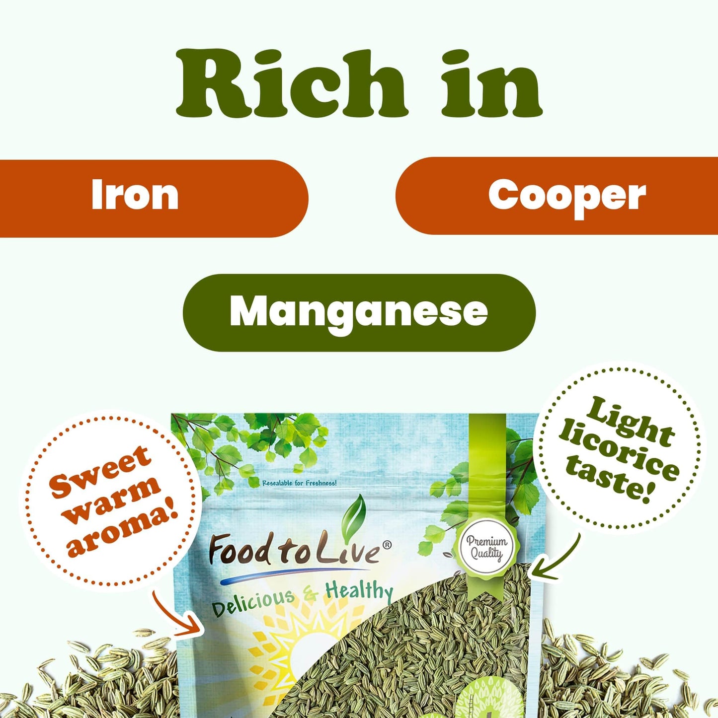 Food To Live Fennel Seeds, 1 Pound – Whole, Raw, Non-Irradiated, Non-Gmo, Kosher, Vegan, Bulk, Sweet Licorice Flavor, Perfect For Fennel Tea, Cooking, Baking, Indian And Mediterranean Cuisine