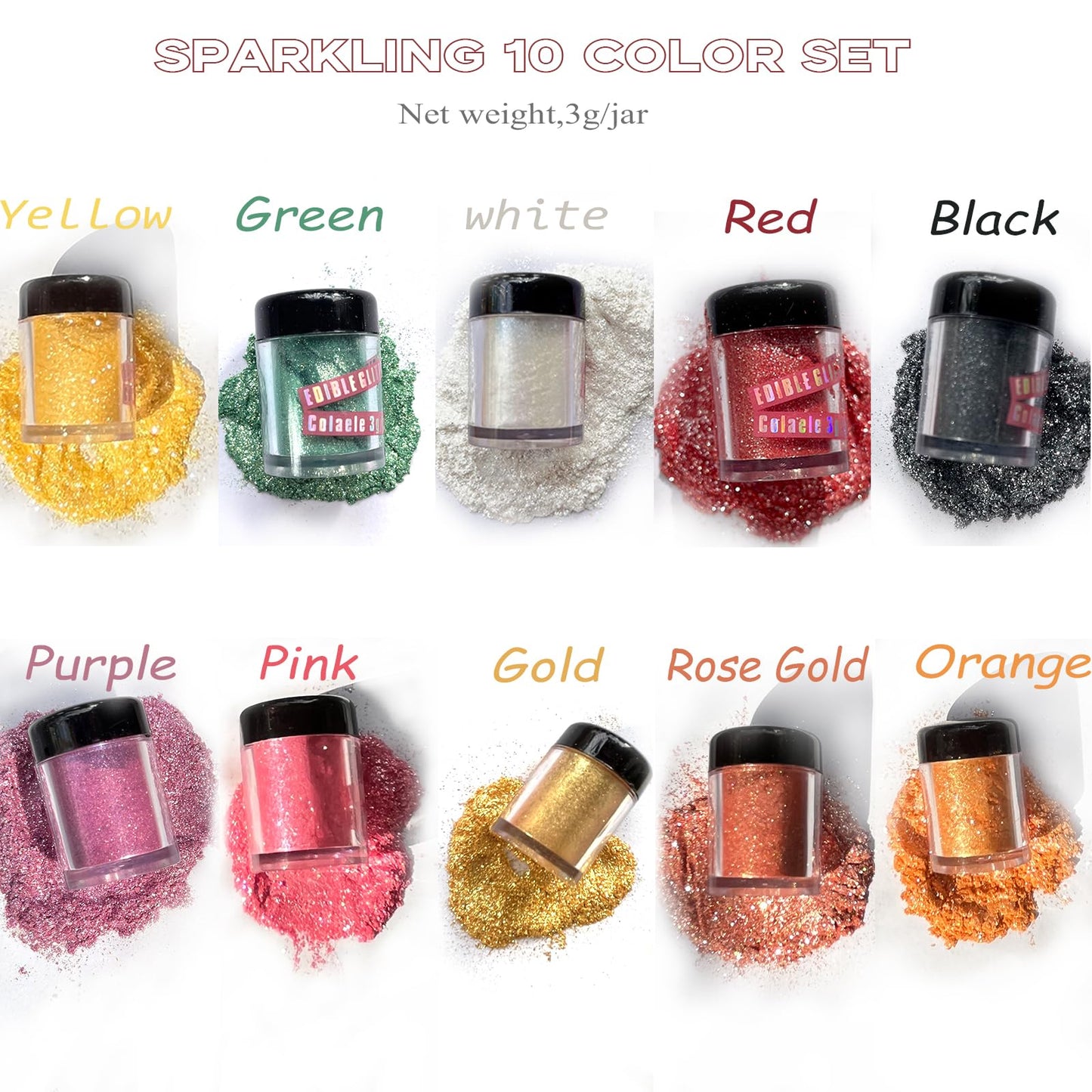 Edible Glitter for Cakes Drinks Luster Dust Set - Colaele 10 Colors Shimmering Disco Glitter Food Grade Metallic Food Coloring P