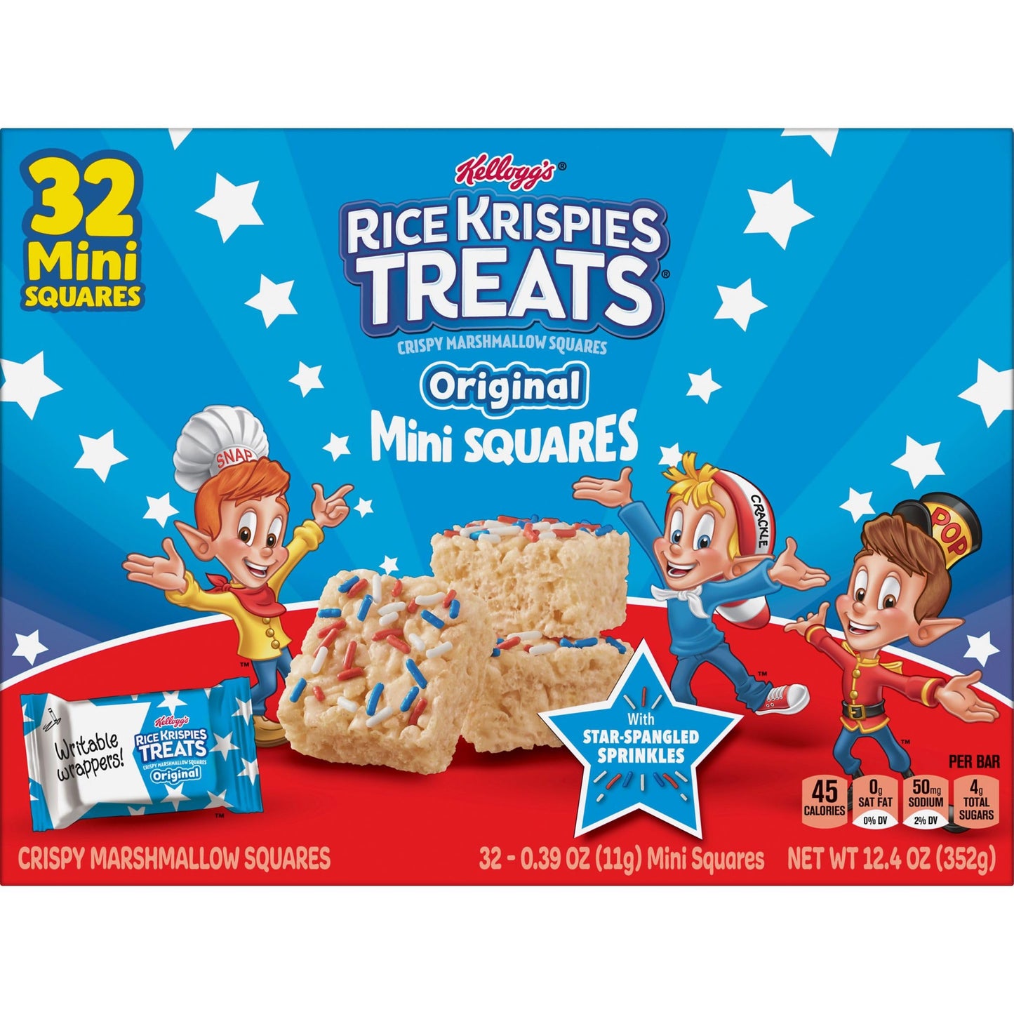 Rice Krispies Treats Mini Crispy Marshmallow Squares, 4th of July Snacks, Original with Star-Spangled Sprinkles, 12.4oz Box (32