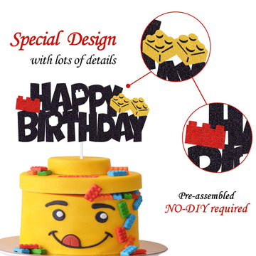 Building Blocks Cake Topper Glitter Happy Birthday Cake Decoration Color Building Brick Theme Birthday Baby Shower Party Supplie