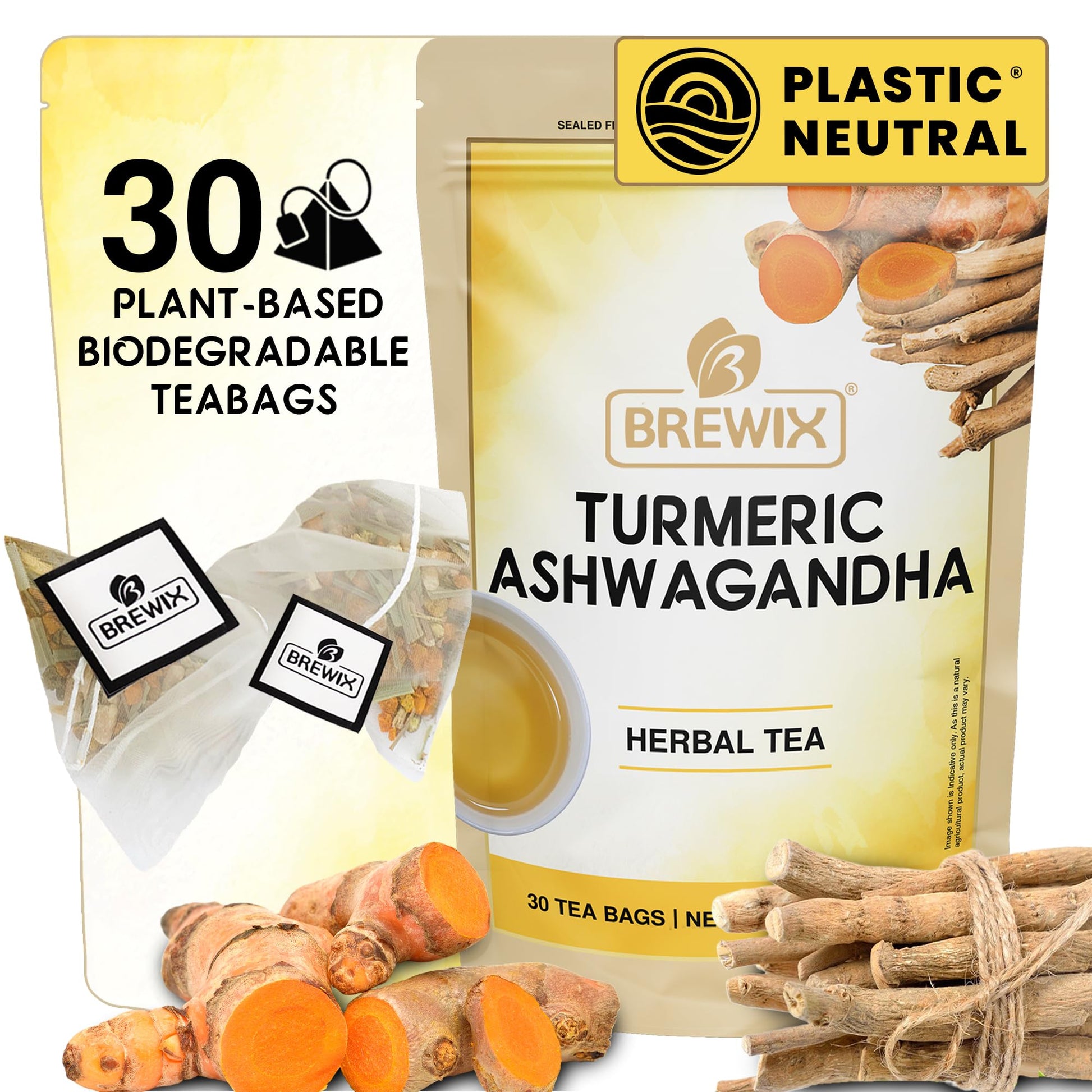 BREWIX Turmeric Tea with Ashwagandha & Black Pepper - 30 Plant Based Tea Bags, Caffeine-Free for Relaxation & Daily Stress Support