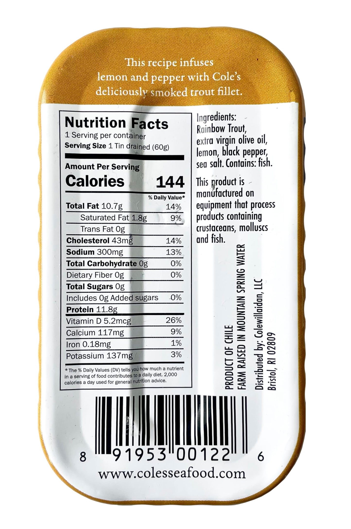 Coles Smoked Trout Fillet with Lemon &  ed Pepper, 3.2oz Hand-Packed, High Protein, Preservative Free