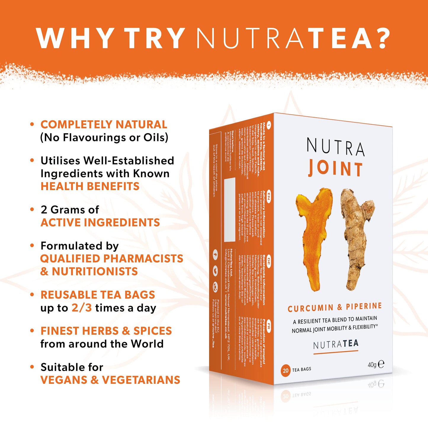 Nutra Tea Joint Care Tea - 20 Enveloped Bags - Herbal Tea for Joint Mobility and Flexibility