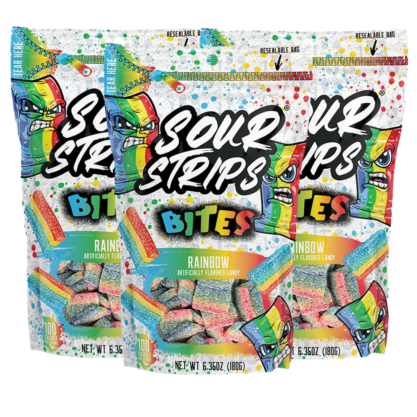 Sour Strips Bites Flavored Sour Candy Strips, Deliciously Sour Chewy Candy Belts, Vegetarian Candies, Bites 3-Pack