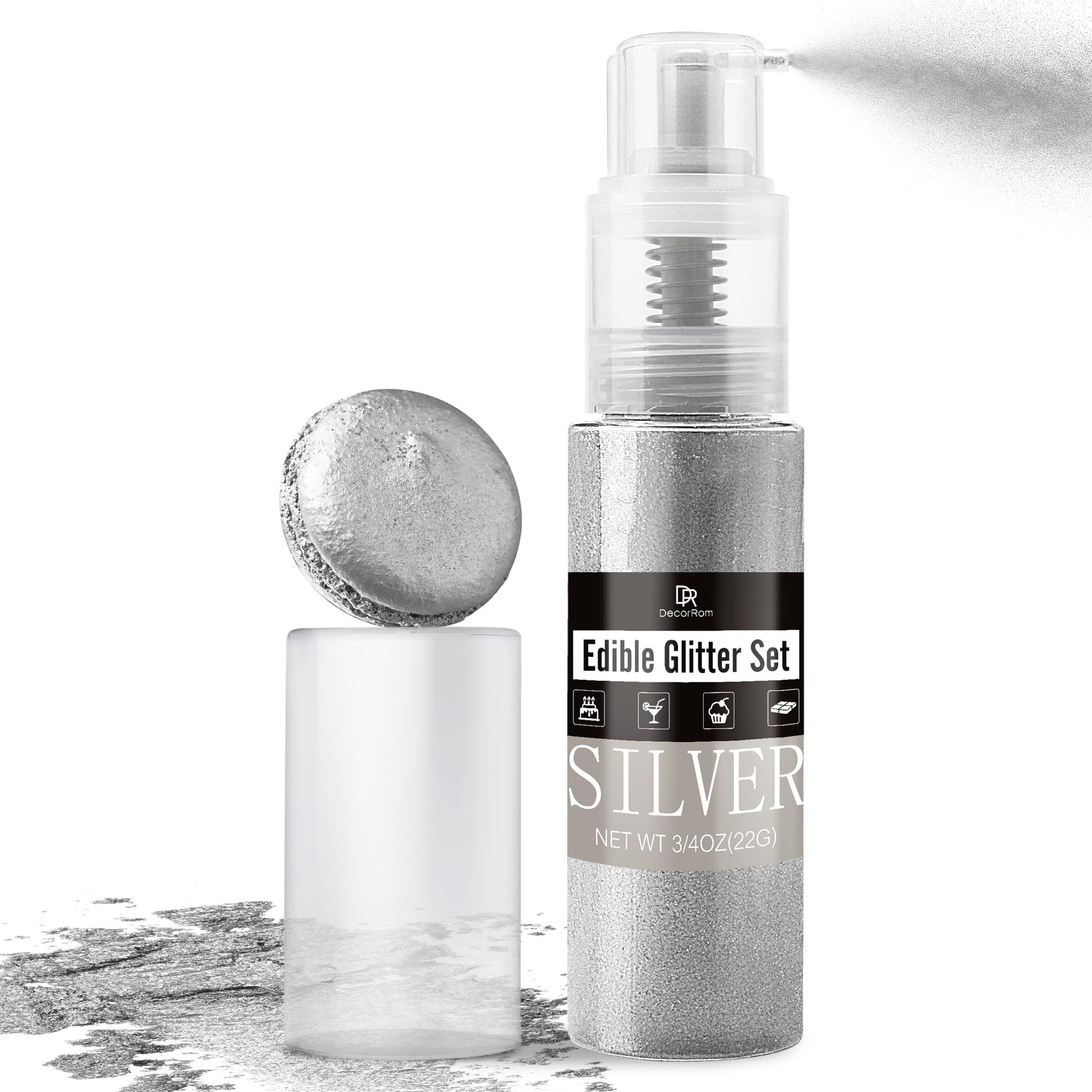 DecorRom Edible Glitter Spray - 3/4oz Food Grade Shimmer Dust for Cake Decorating, Cocktails, Drinks - Silver