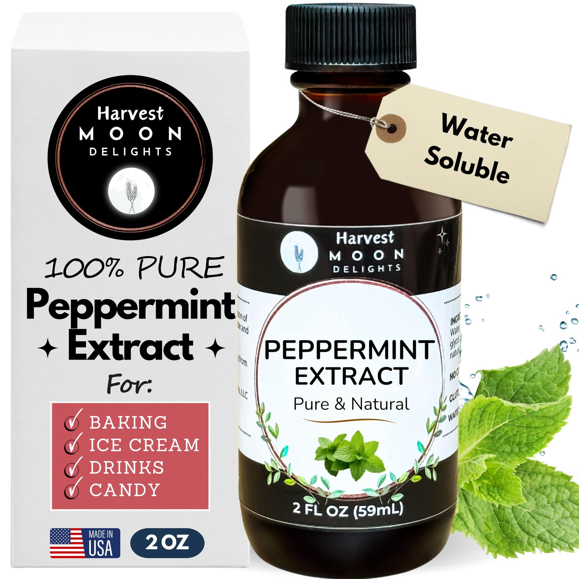 Pure Peppermint Extract - 2 oz - Water-Soluble - By Harvest Moon Delights - Peppermint Extract for Baking, Ice Cream, Drinks, an