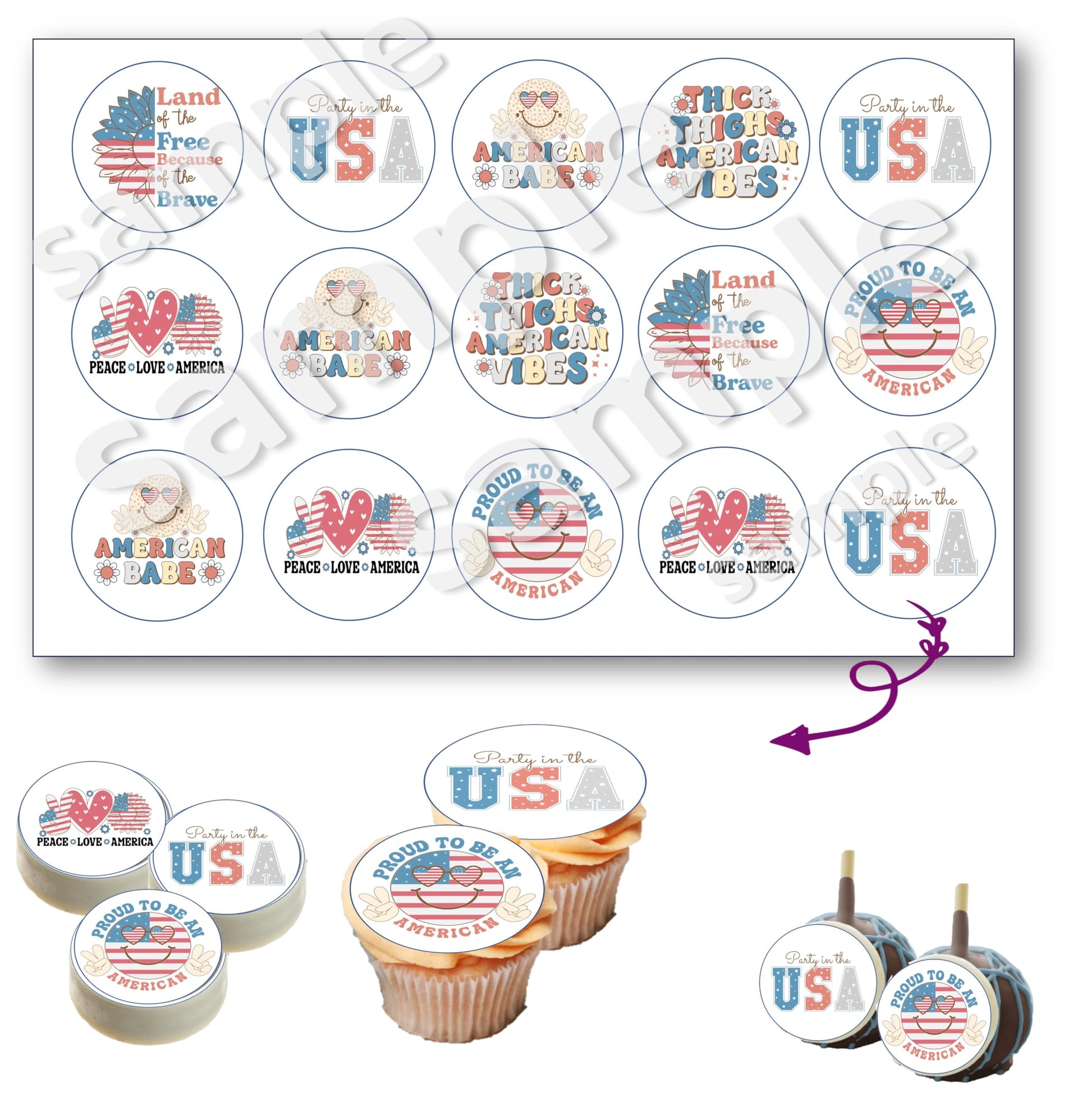 Edible 4th July Oreo cookies covered images, cupcake topper printed on edible paper sugar icing sheet, for cookie decorating, 15