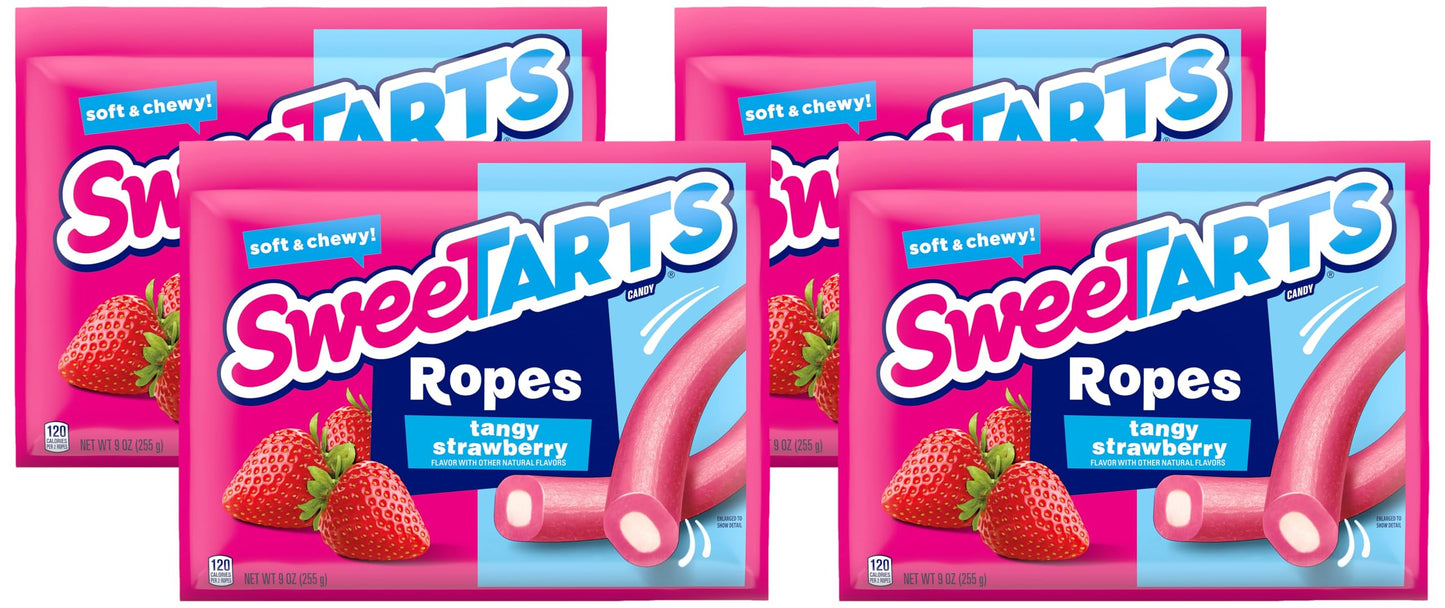 SweeTARTS Soft & Chewy Ropes Candy, Tangy Strawberry Flavor, 9 Ounce Pouch (Pack of 4)