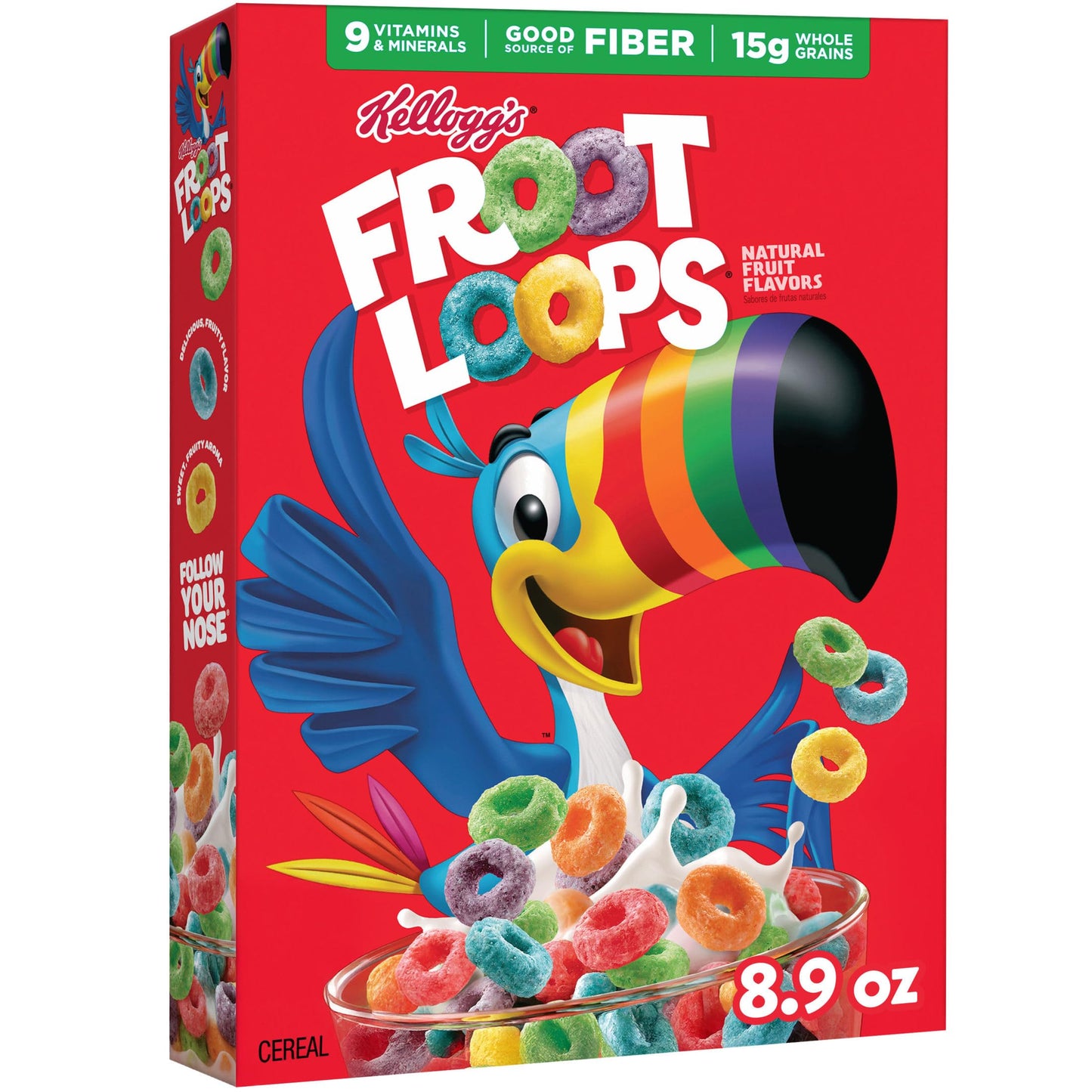 Kelloggs Froot Loops Breakfast Cereal, Good Source of Fiber, 15g Whole Grain, 8.9 oz