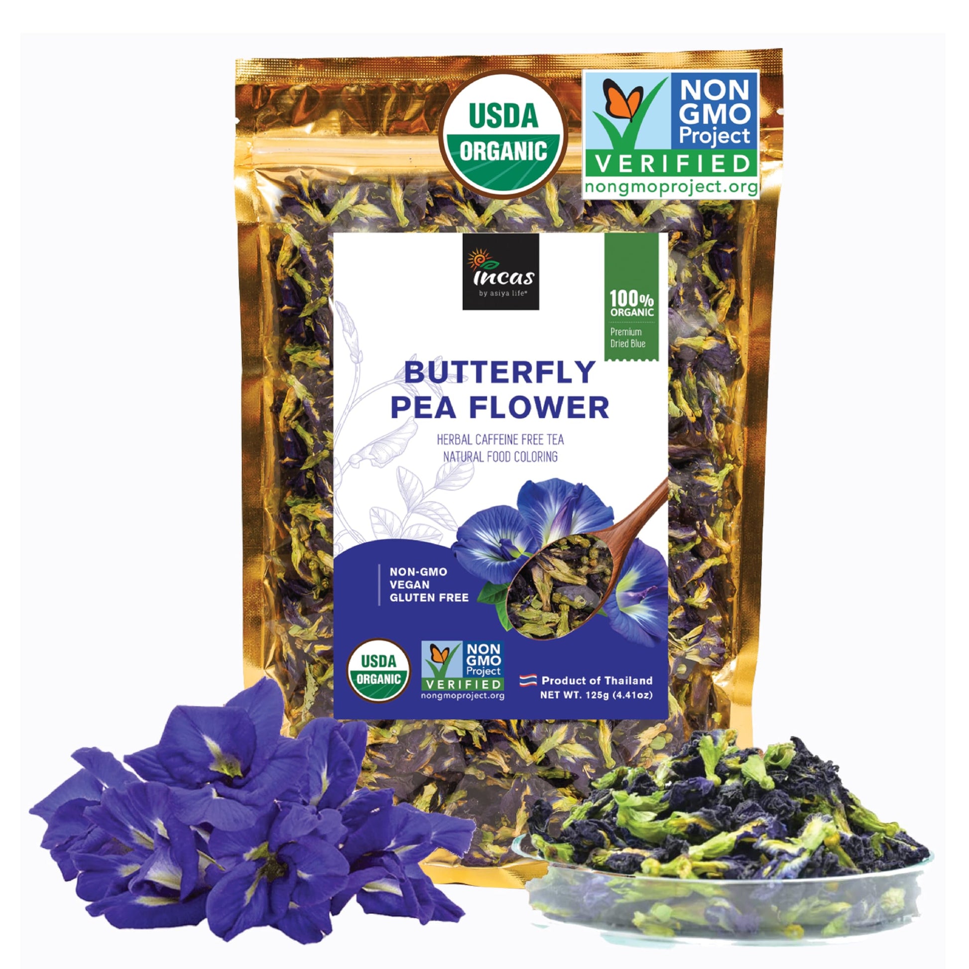 Incas by Asiya Life Organic Butterfly Pea Flower, 4.41 oz, Non-GMO, Caffeine-Free, Vegan, Rich in Antioxidants