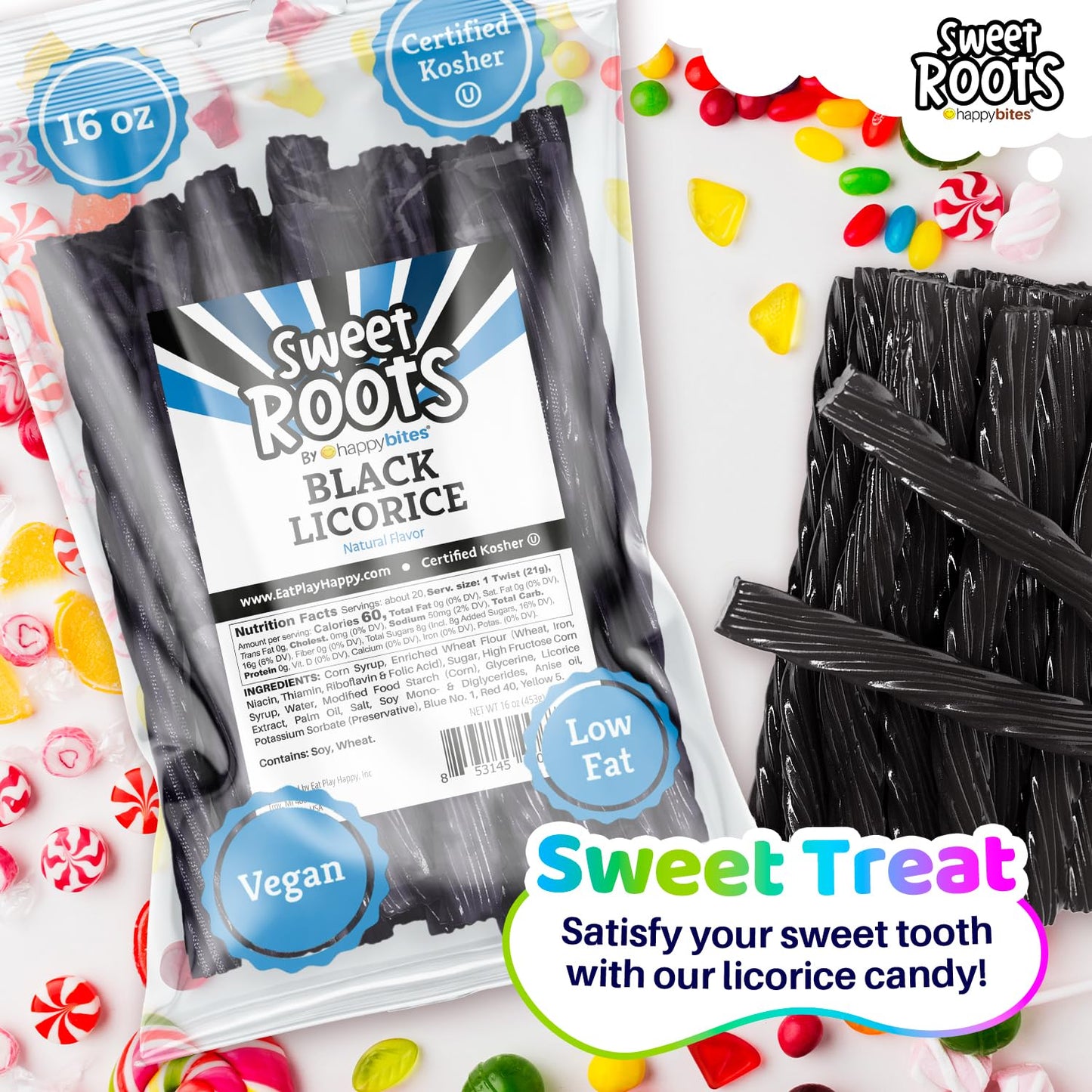Sweet Roots By Happy Bites Black Licorice Twists (16 Oz) - Jumbo Size - Certified Kosher - Vegan - Gourmet - Low Fat