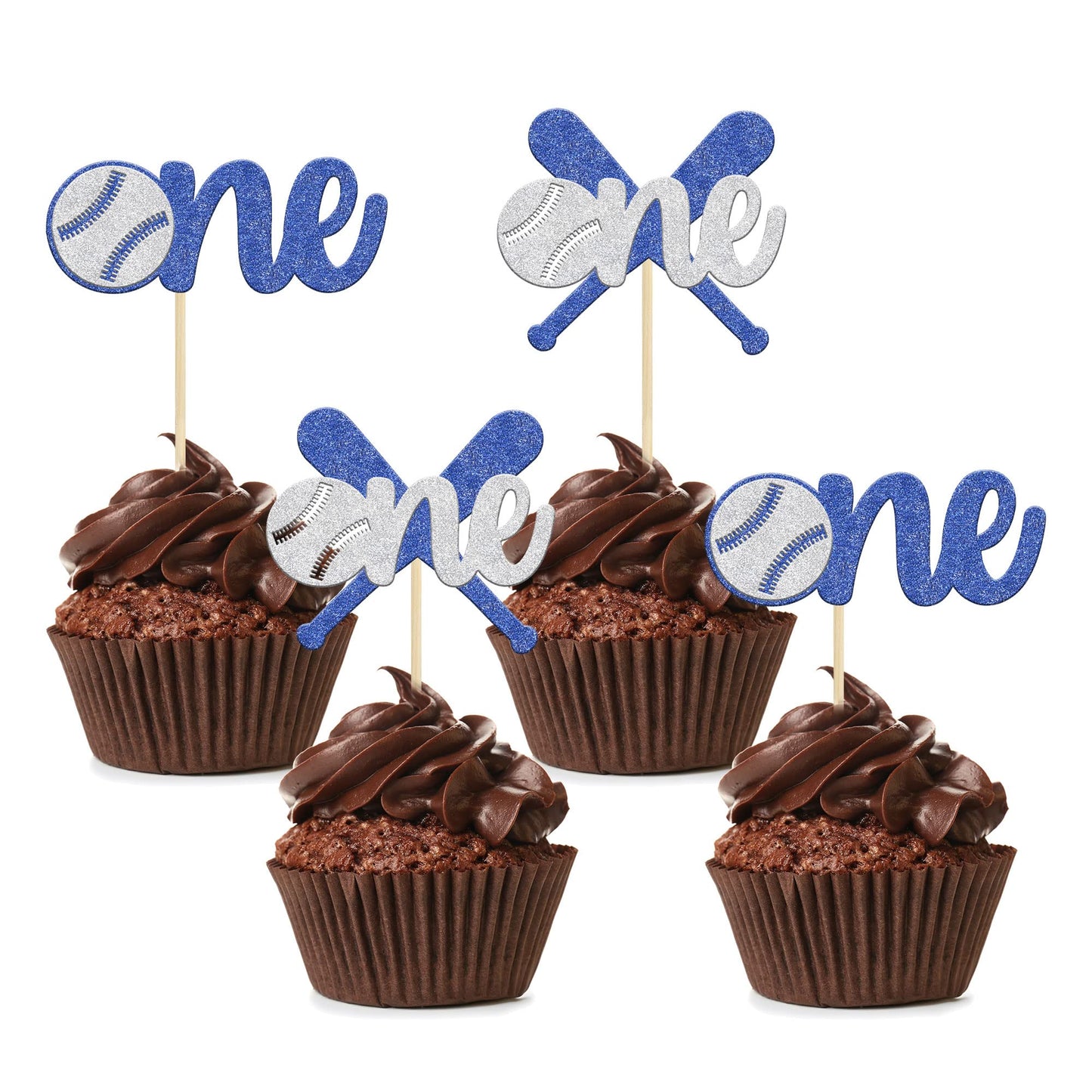 24Pcs Baseball One Cupcake Toppers Glitter Sport Theme First Birthday Cupcake Picks For Baseball Theme Kids 1St Birthday Party C