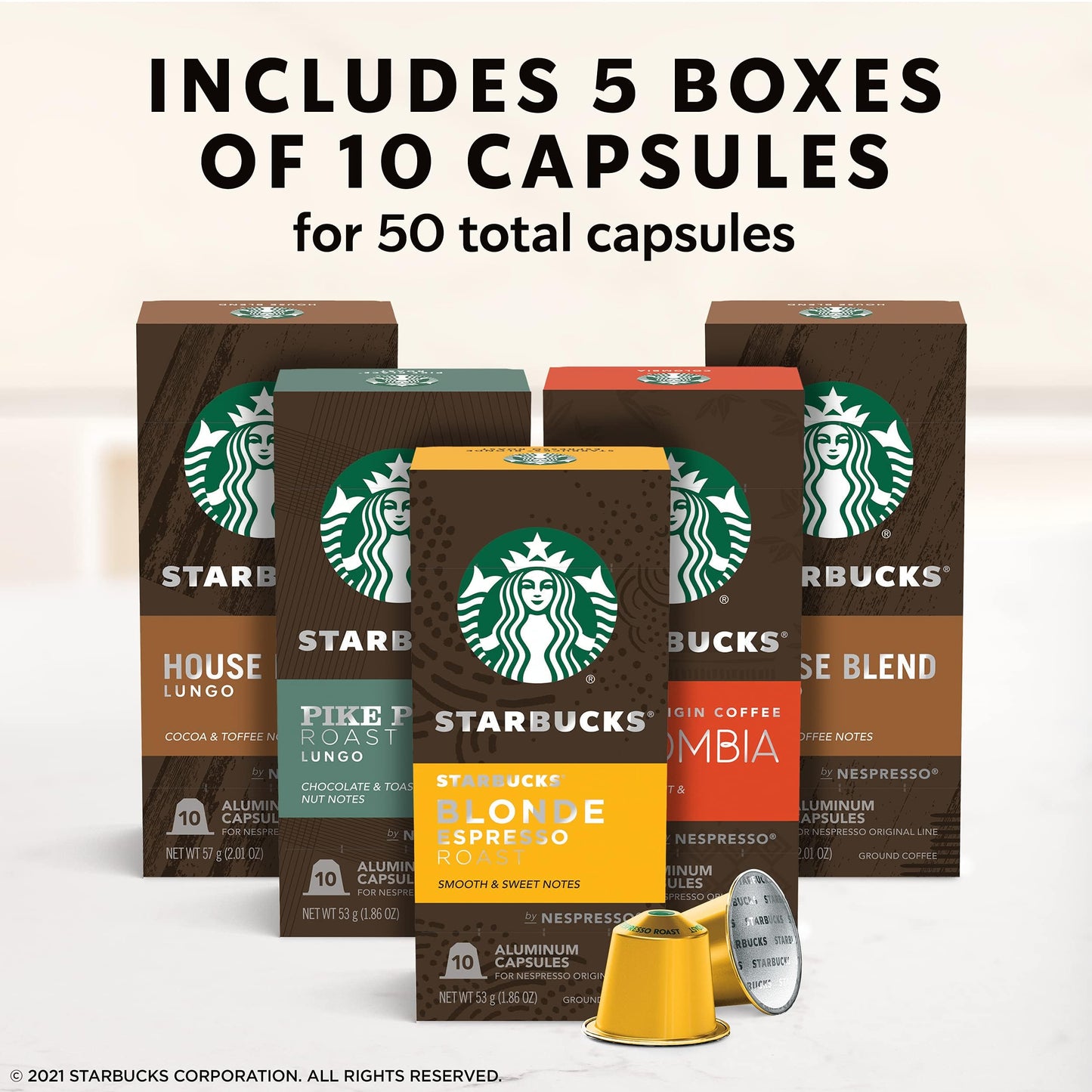 Starbucks By Nespresso Original Line Mild Variety Pack Coffee, 50-Count Espresso Pods, Presentation May Vary