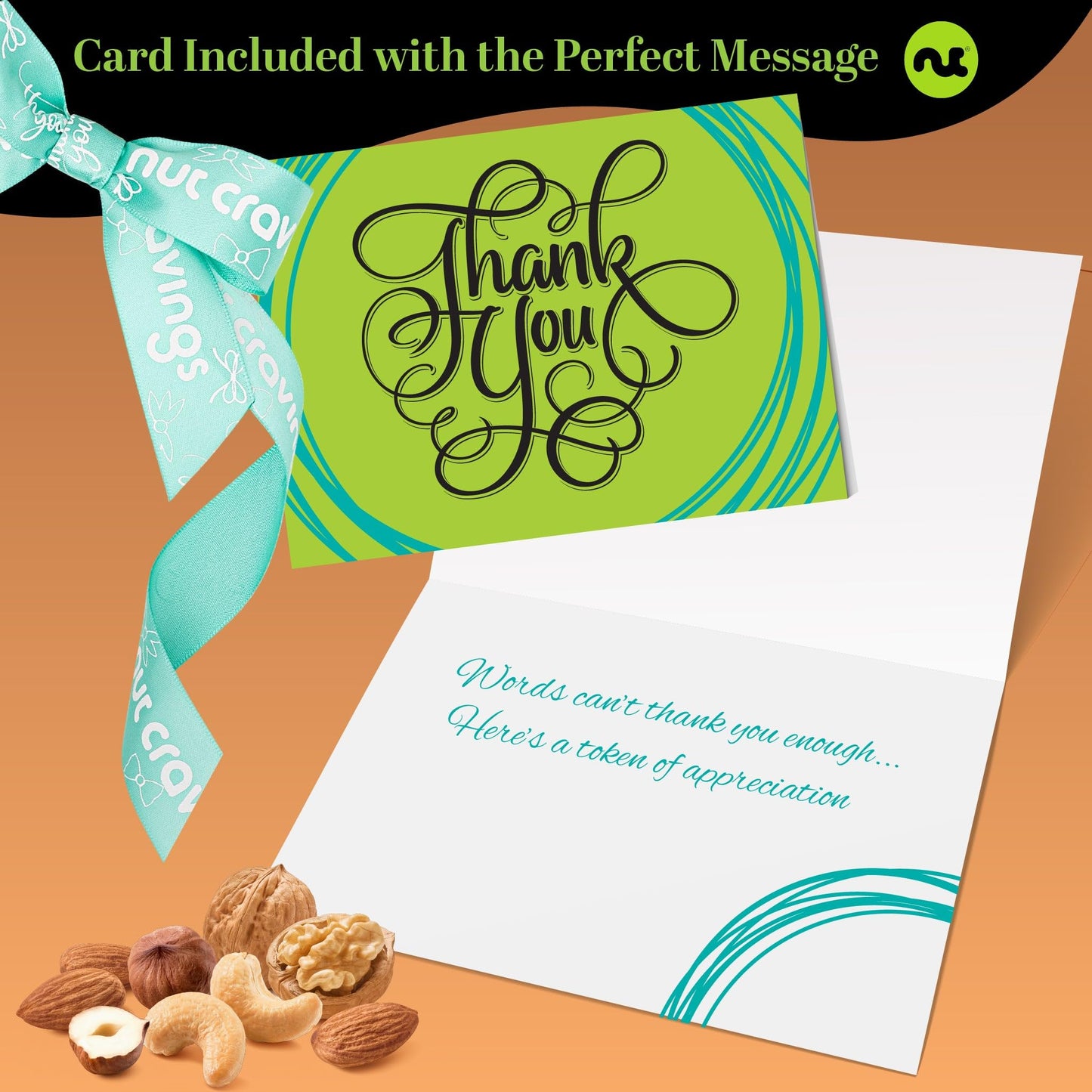 Nut Cravings Gourmet Collection - Thank You Nuts Gift Basket With Ty Ribbon + Greeting Card In Reusable Wooden Tray (12 Assortme