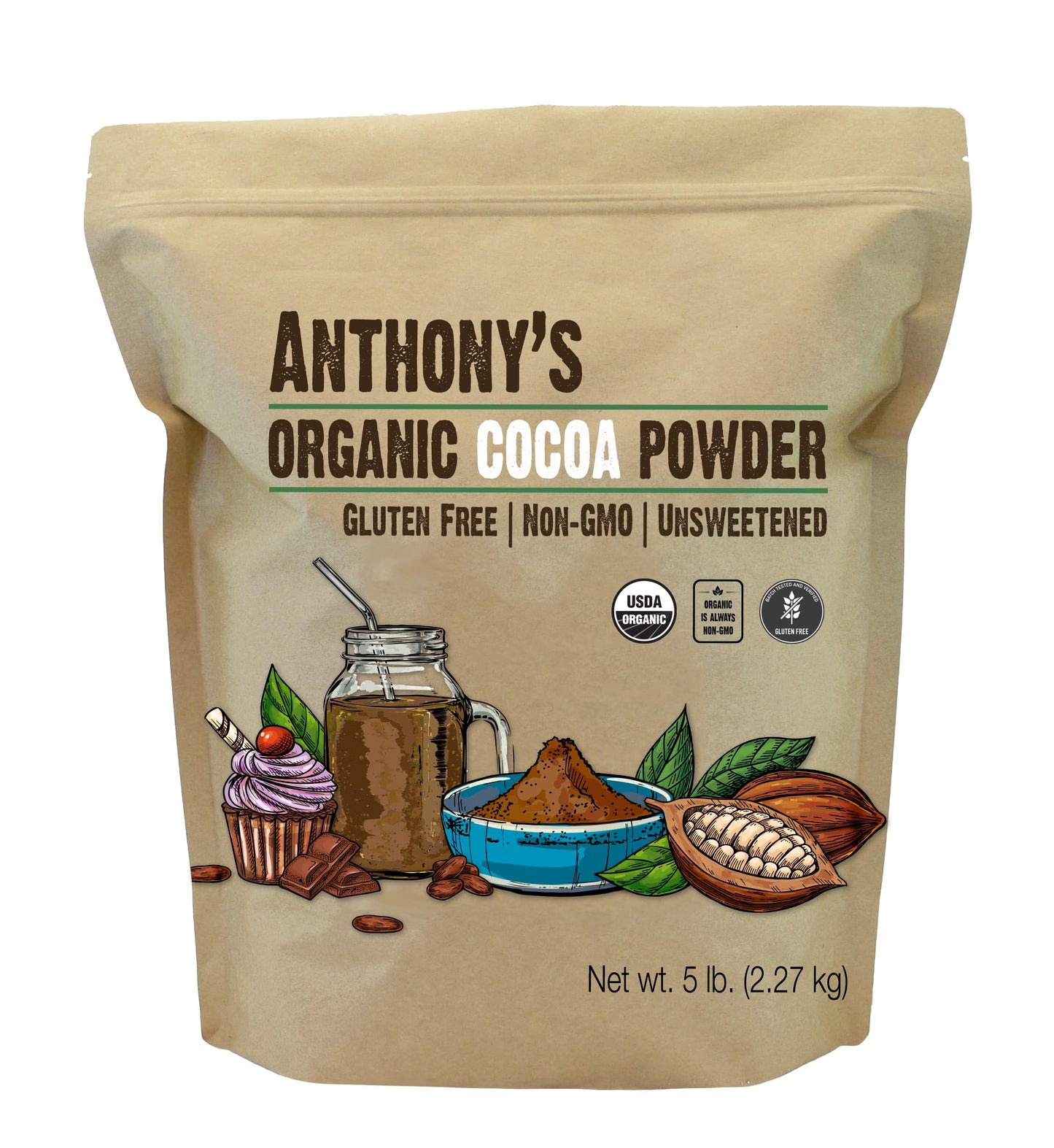 Anthonys Organic Raw Cocoa Powder, 5 lb, Batch Tested and Verified Gluten Free & Non GMO
