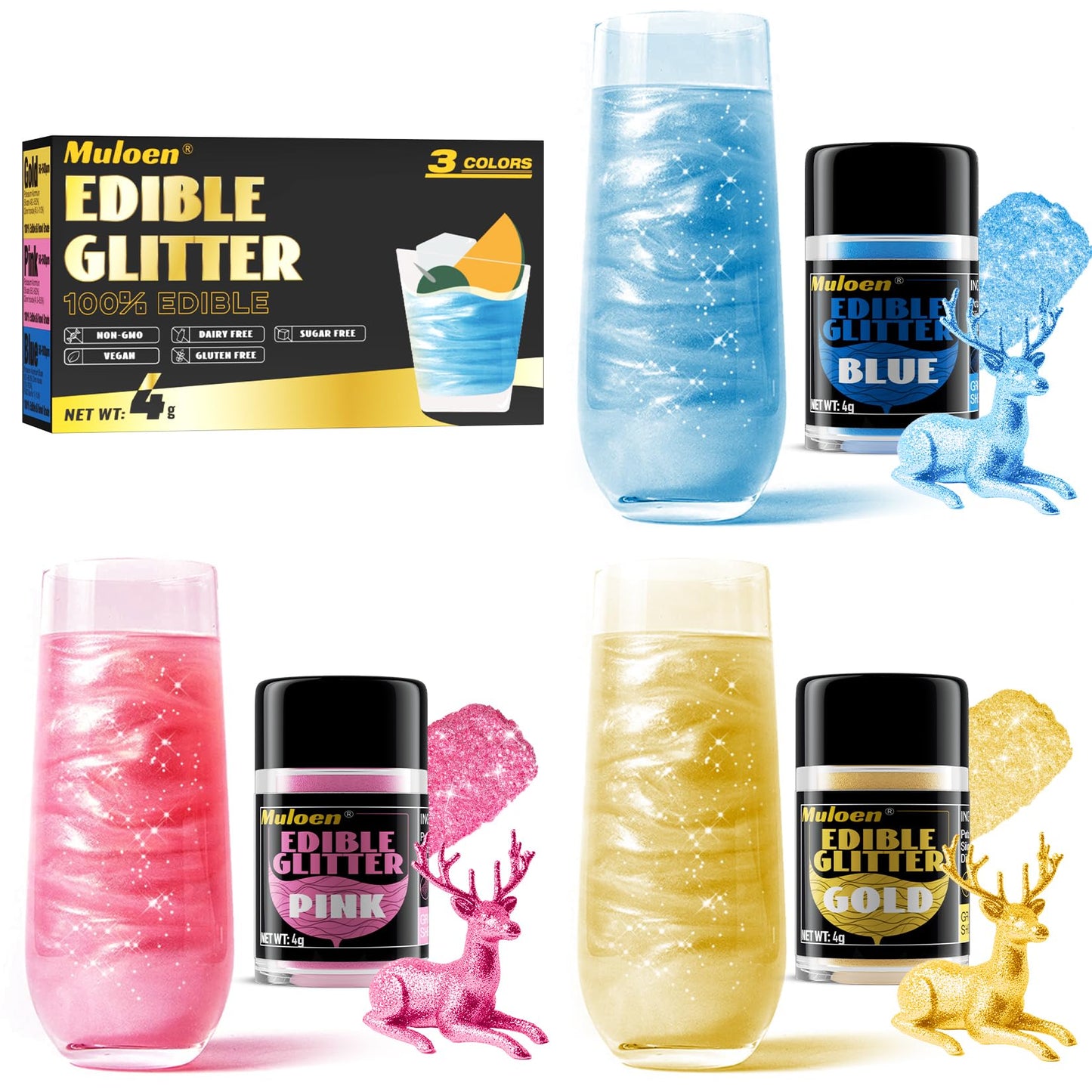 Muloen Edible Glitter 100% Edible Luster Dust, 4g per Bottle, Gold Pink Blue, Cake and Drink Decorating Supplies