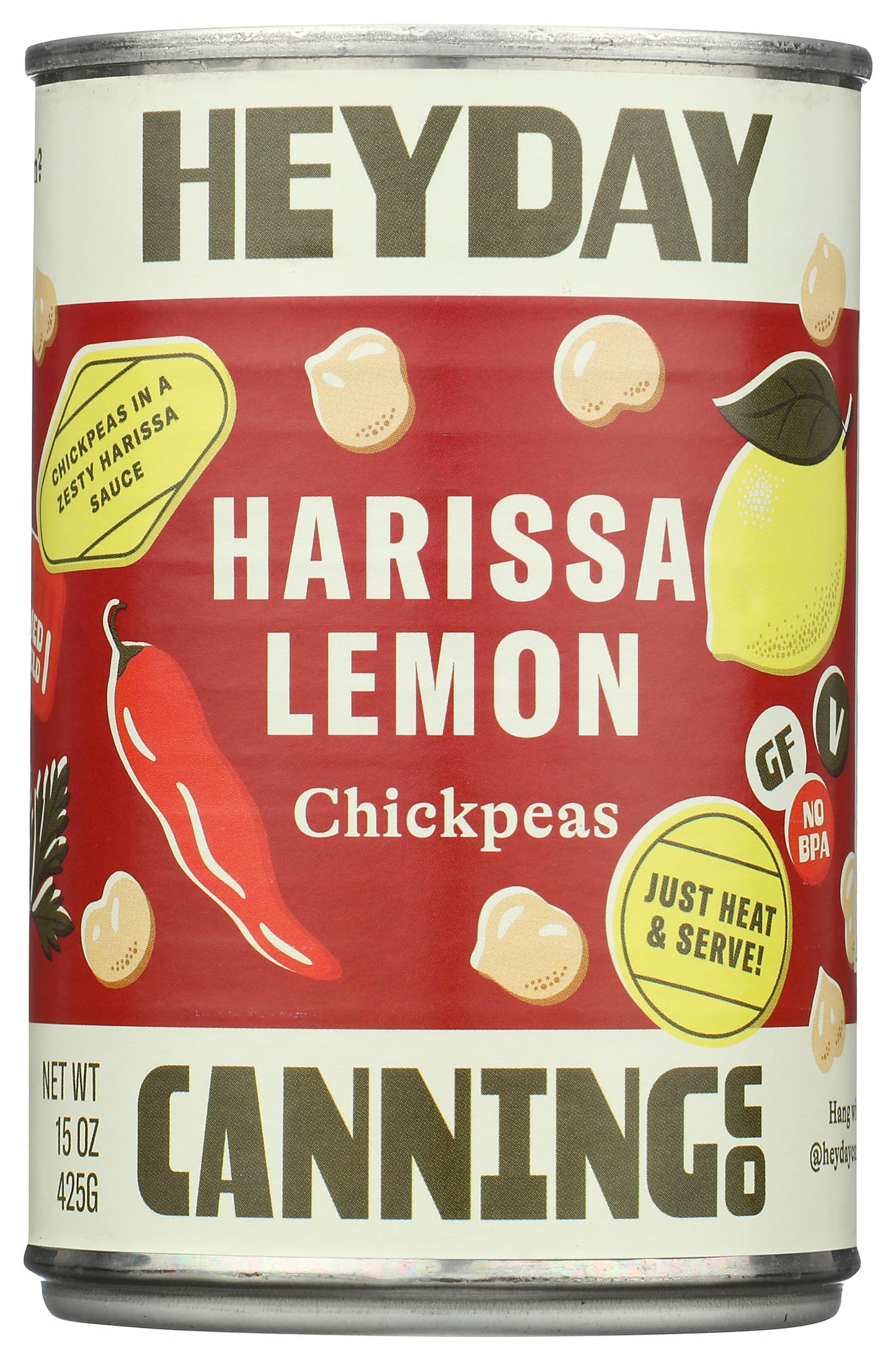 Heyday Canning Co Harissa Lemon Chickpeas, 15 OZ, Pack of 1, Vegan Snack, Gluten-Free