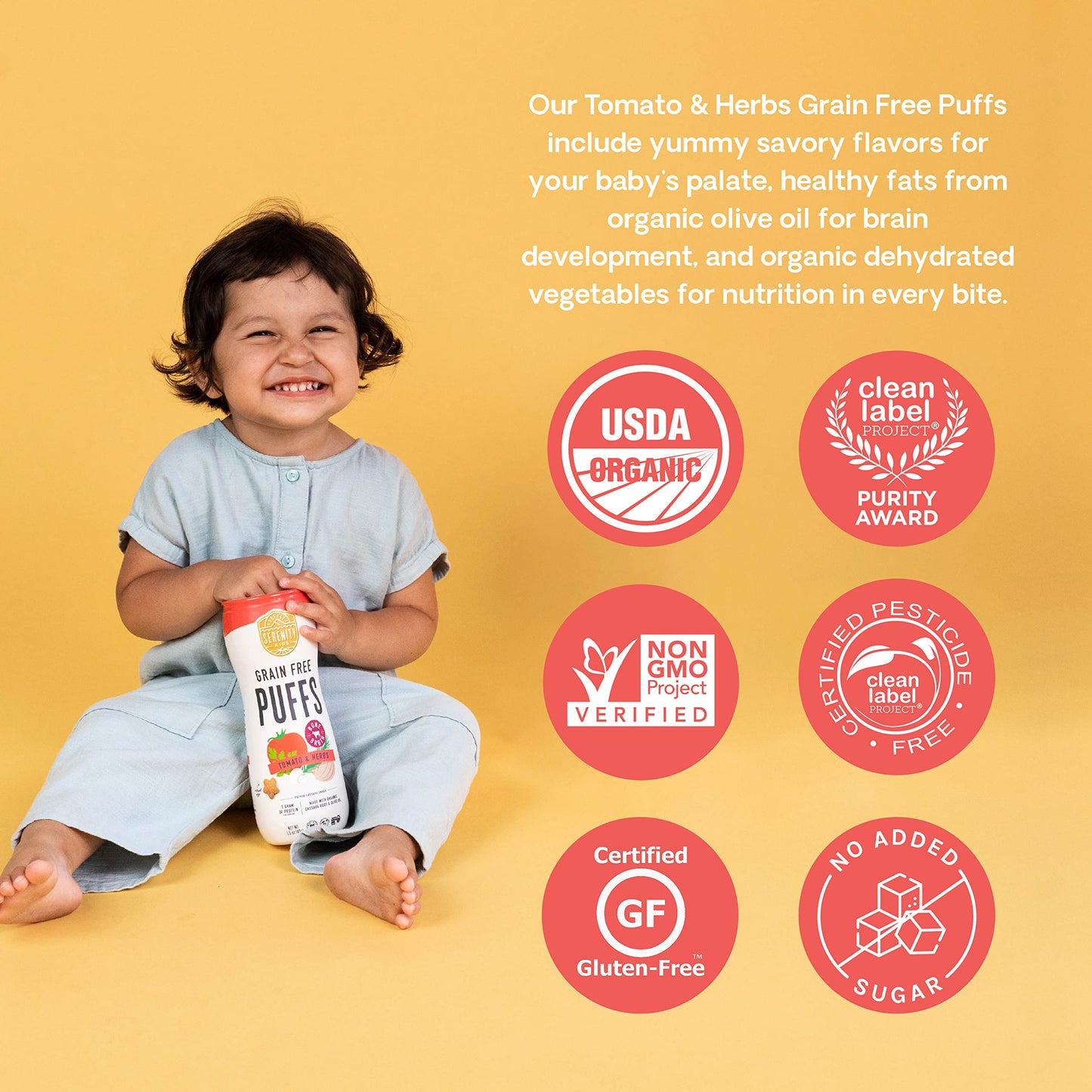 Serenity Kids 6+ Month Grain Free Baby Puffs - Tomato & Herbs - Easy On-the-Go Baby Travel Snack - USDA Organic Puffs - Allergen