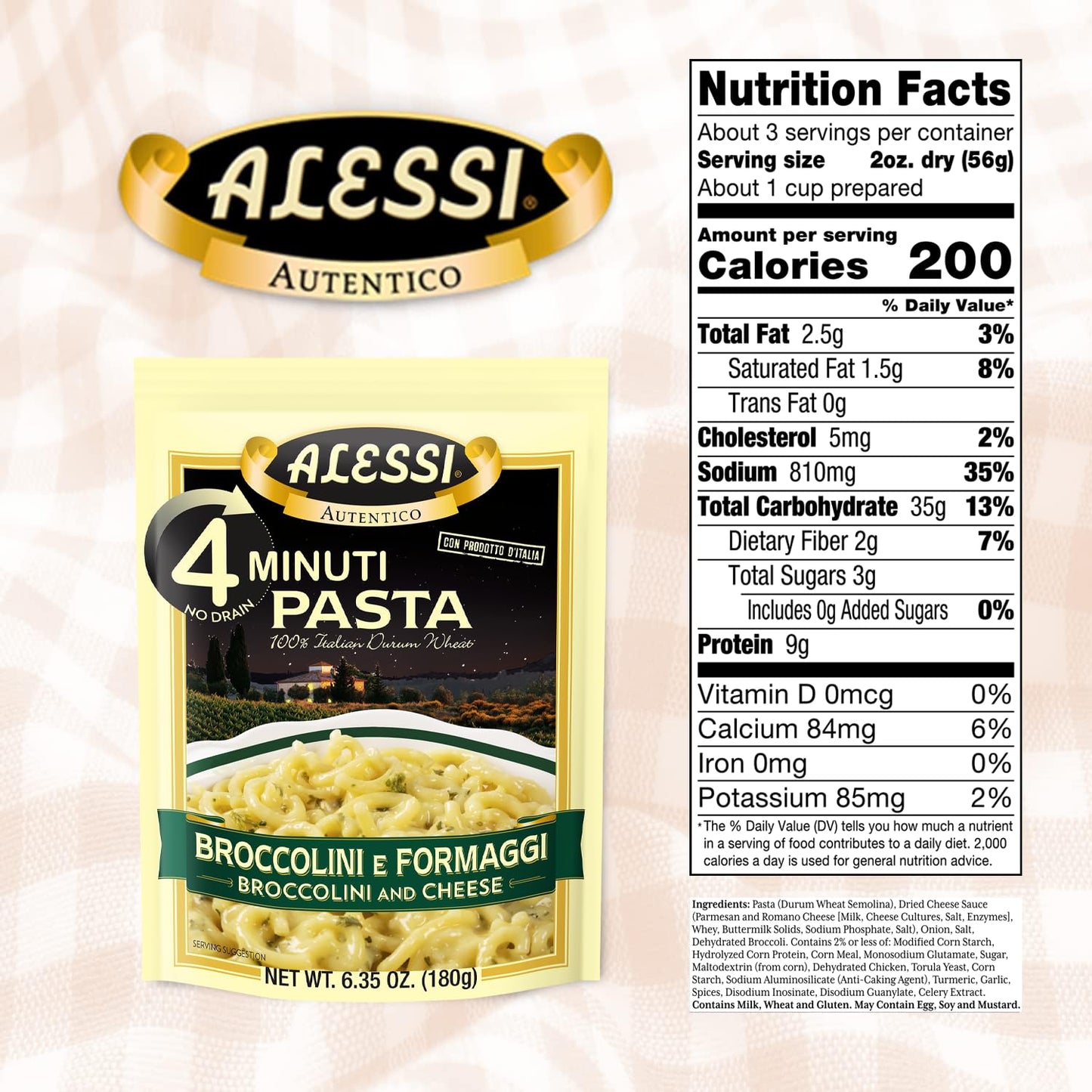 Alessi 4 Minute Pasta, One Dish Quick Meals, Stovetop Or Microwave, Dinner Or Side Ready In Minutes (Broccolini & Cheese, 6.35 Ounce (Pack Of 6))