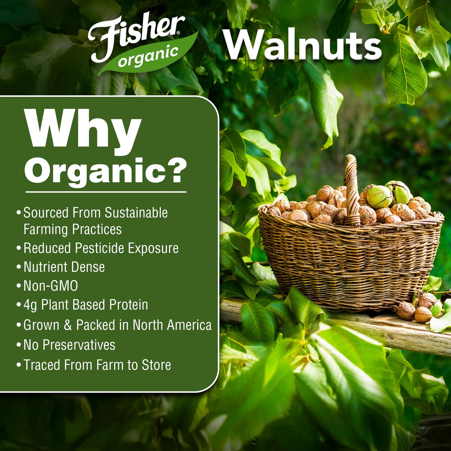 Fisher Organic Walnut Halves & Pieces 16 oz  USDA Certified Organic Nuts  Unsalted California Grown  Non-GMO  No Preservatives  Walnuts for Baking & Cooking  Healthy Snacks for mature-themeds  Resealable Bag