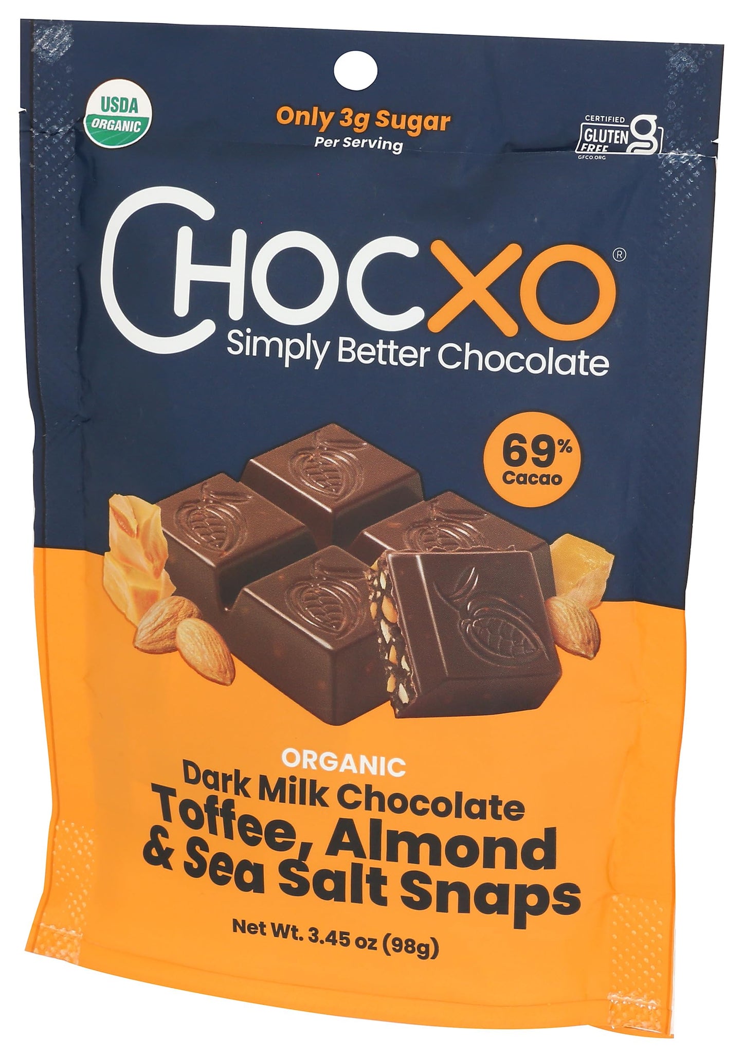CHOCXO Organic Toffee Almond 69% Dark Milk Chocolate Snaps, 3.45 OZ