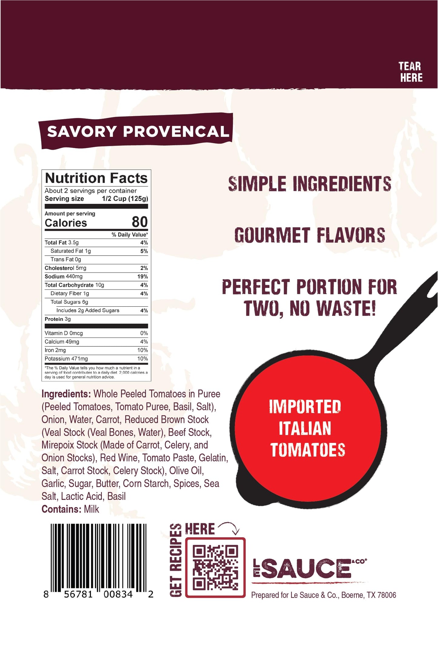Le Sauce & Co. Gourmet Pasta Sauce, Savory Provencal, 2-Pack, All Natural, Imported San Marzano Tomatoes, 2 Servings