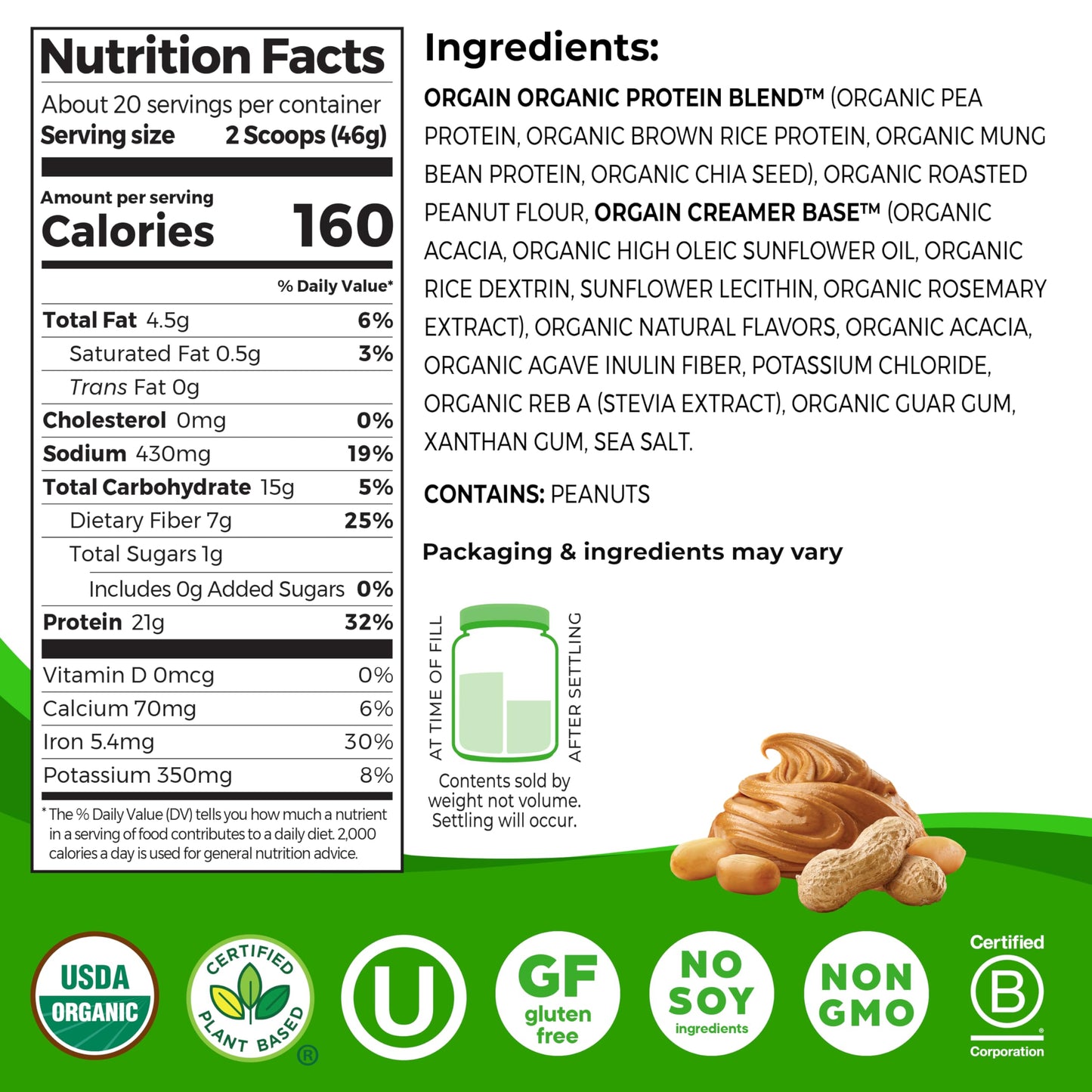 Orgain Organic Vegan Protein Powder, Peanut Butter, 21g Protein, 20 Servings, Model 469317