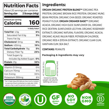 Orgain Organic Vegan Protein Powder, Peanut Butter, 21g Protein, 20 Servings, Model 469317