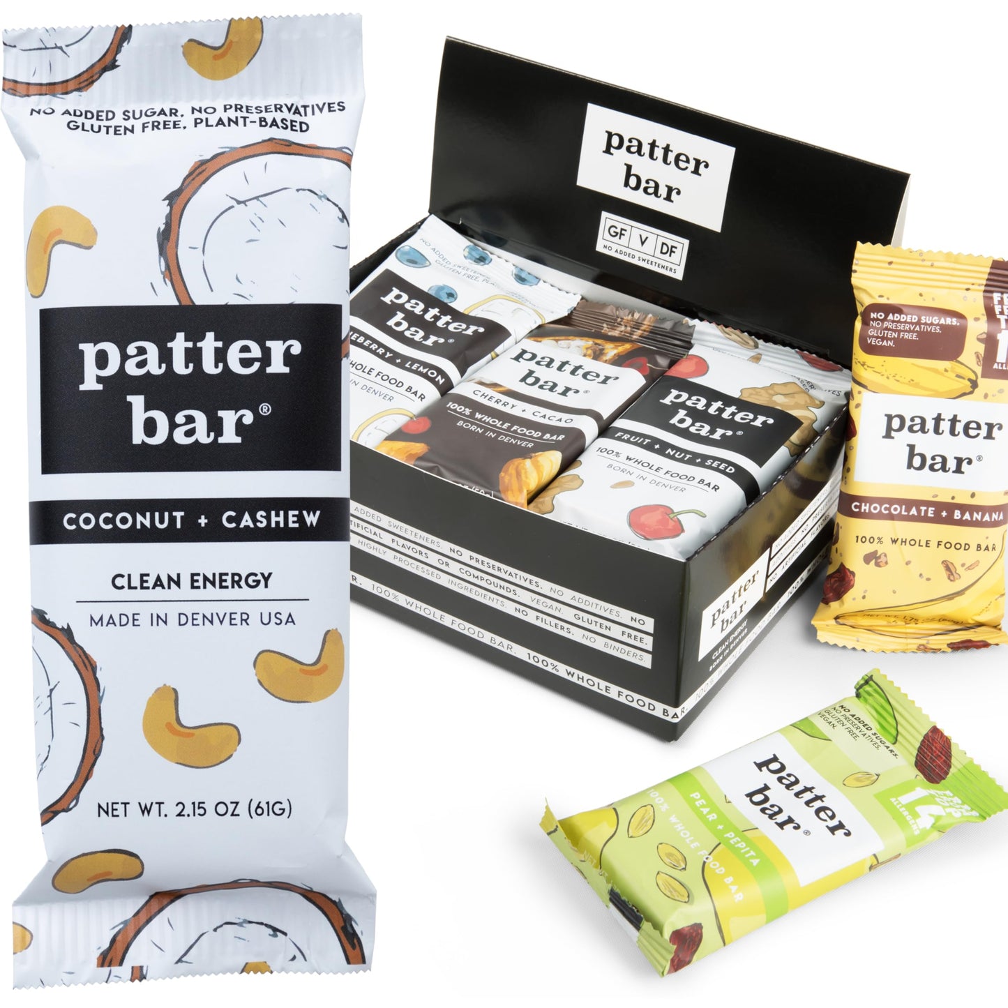 Patter Bar Energy Bars - Vegan, Gluten Free, No Added Sugar, 12-Pack Variety