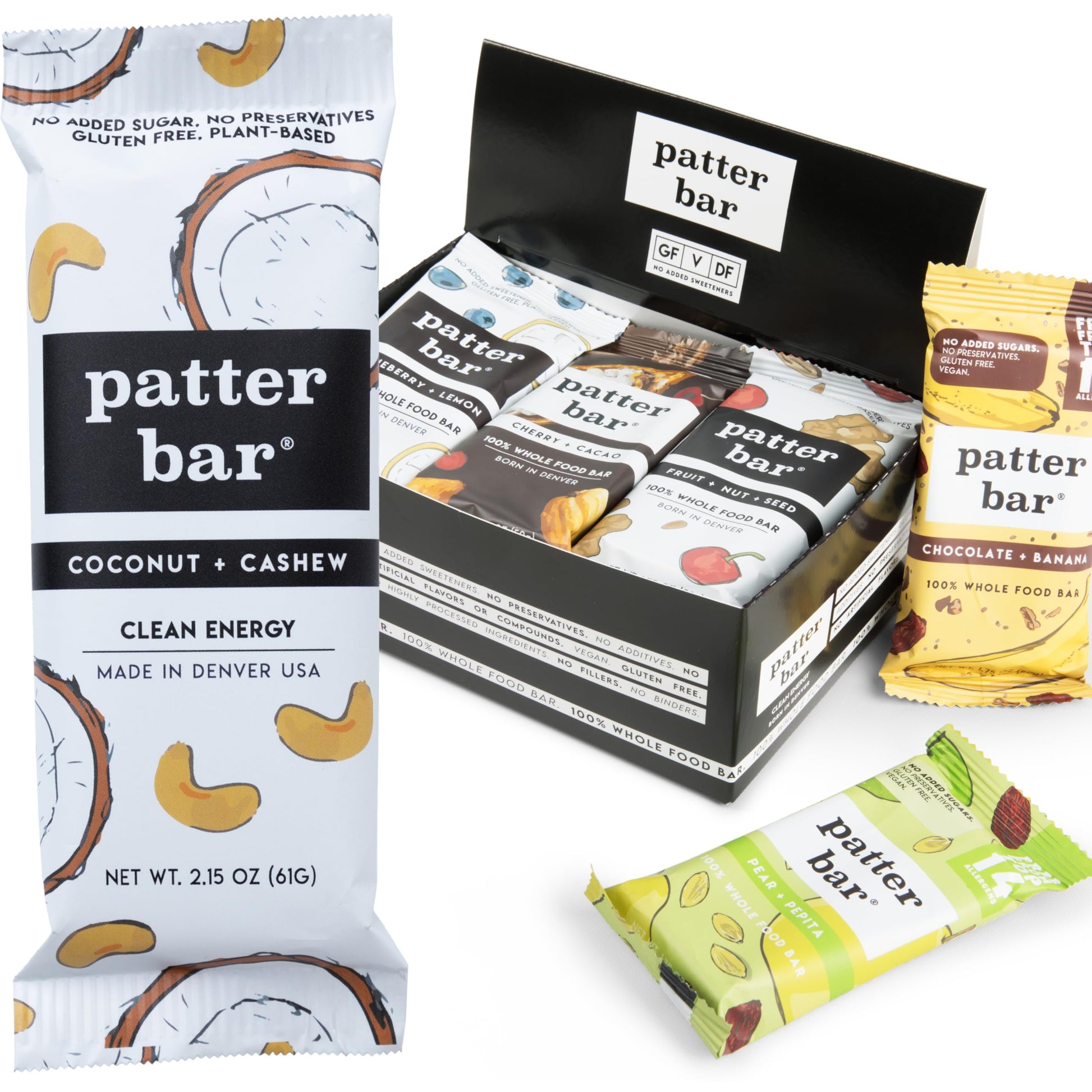 Patter Bar Energy Bars - Vegan, Gluten Free, No Added Sugar, 12-Pack Variety