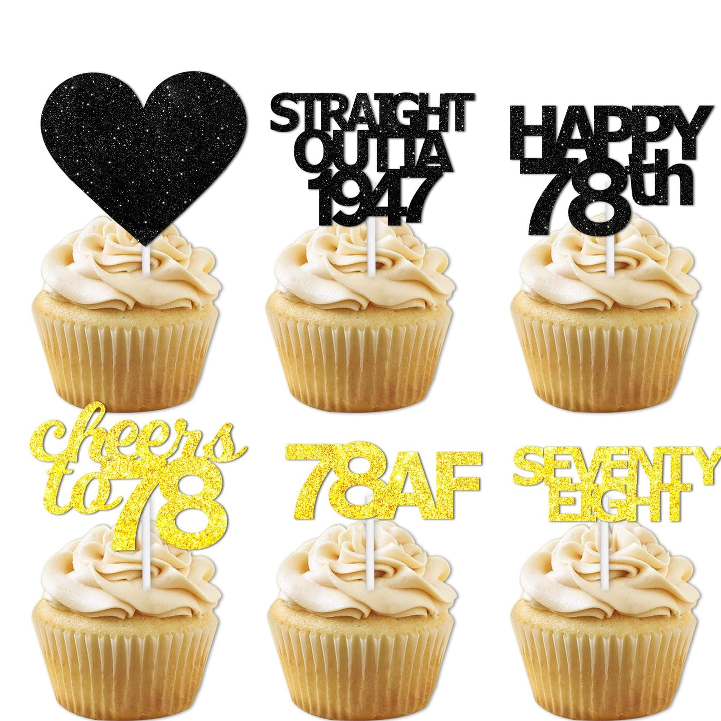 18pcs Black Gold Glitter Dessert Cupcake Pick for Straight Outta 1947 Cheer to 78 Years Old Theme Decor Supplies Happy 78th Birt