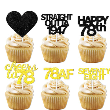 18pcs Black Gold Glitter Dessert Cupcake Pick for Straight Outta 1947 Cheer to 78 Years Old Theme Decor Supplies Happy 78th Birt