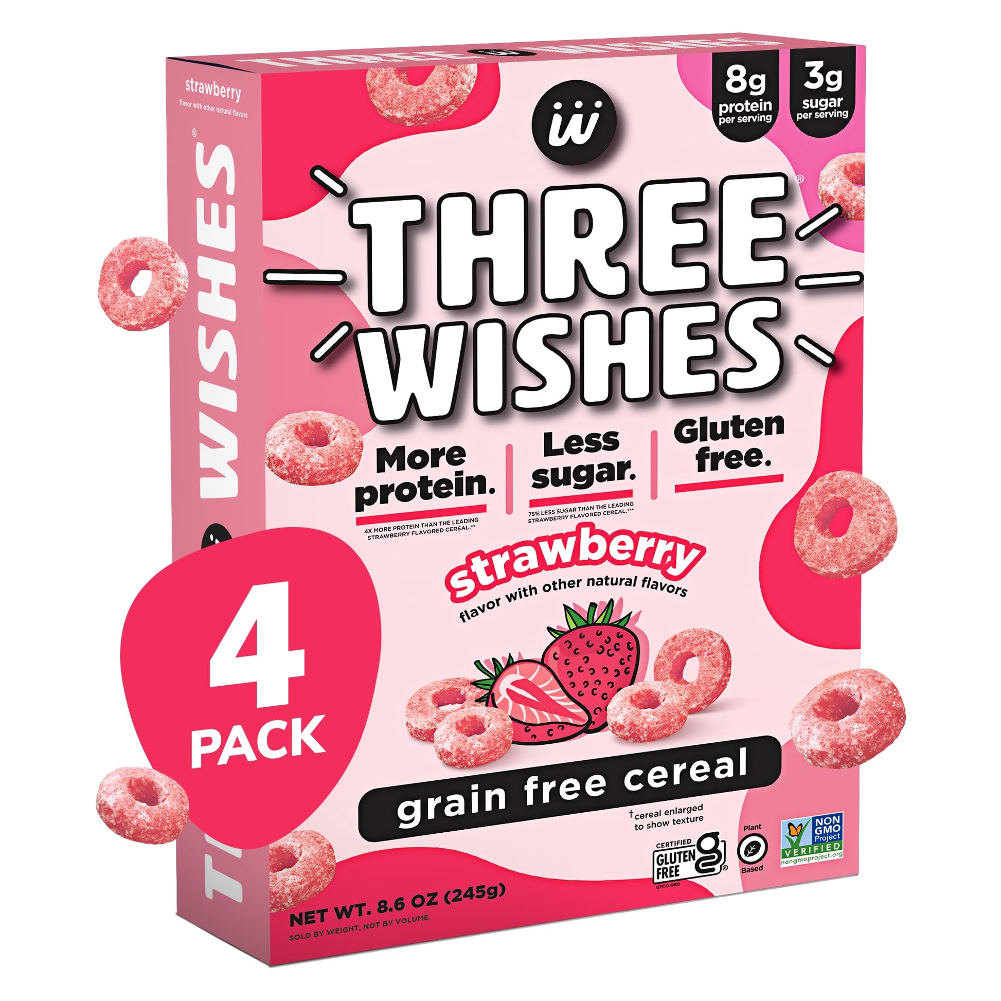 Plant-Based and Vegan Breakfast Cereal by Three Wishes - Strawberry, 4 Pack - More Protein and Less Sugar Snack - Gluten-Free, G