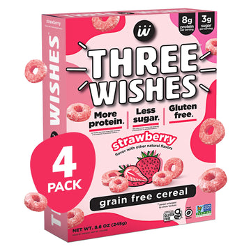 Plant-Based and Vegan Breakfast Cereal by Three Wishes - Strawberry, 4 Pack - More Protein and Less Sugar Snack - Gluten-Free, G