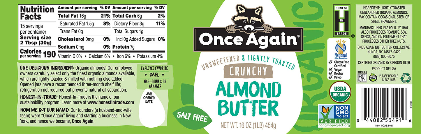 Once Again Organic Crunchy Almond Butter, 16Oz - Lightly Toasted - Salt Free, Unsweetened - Usda Organic, Gluten Free Certified, Peanut Free, Vegan, Kosher, Paleo - Glass Jar