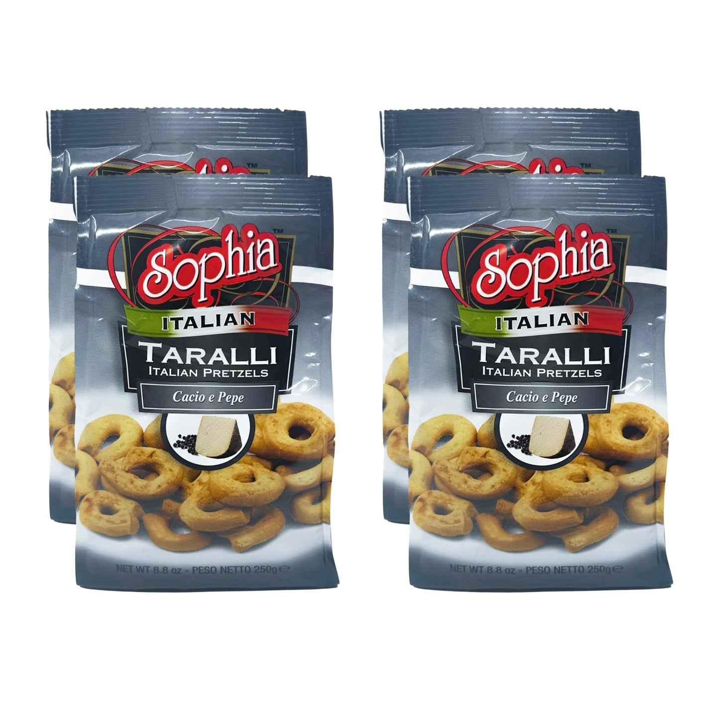 Sophia Taralli Italian Pretzels - Cacio E Pepe 8.8Oz (4-Pack) | Rustic Italian Bakery Breakers With Cheese & Black Pepper | Imported Taralli For Charcuterie & Snacking | Authentic Italian Snacks