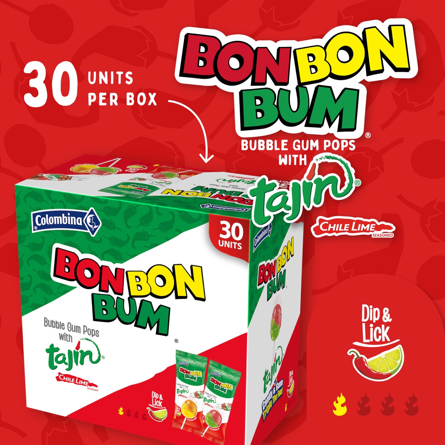 Colombina Bon Bon Bum Tajin Tropical Passion Fruit & Watermelon with Tajin Chile Lime Dip Dispenser, 30 Count (Pack of 1)
