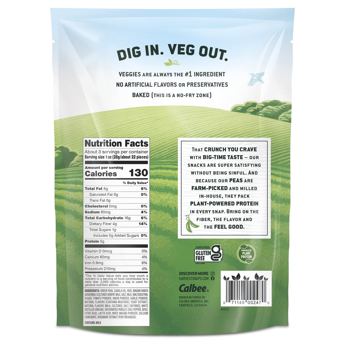 Harvest Snaps Veggie Chips (Wasabi Snack Crisps) | Powered By Plant Protein, Gluten Free Baked Vegetable Crisps | Made In Usa (8 Snack Packs)