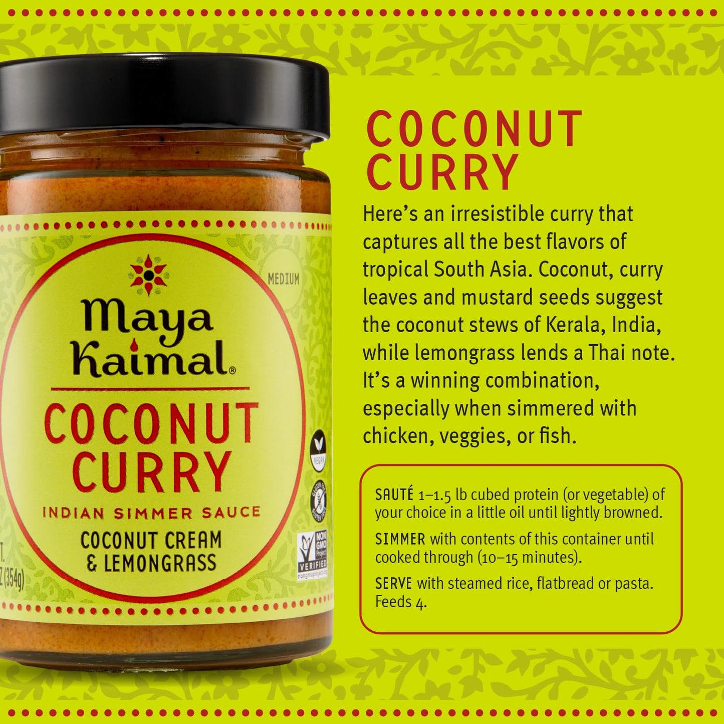 Maya Kaimal Coconut Curry Simmer Sauce, 12.5 Oz, Medium Spiced Indian Simmer Sauce With Coconut Cream And Lemongrass, Vegan, Dai