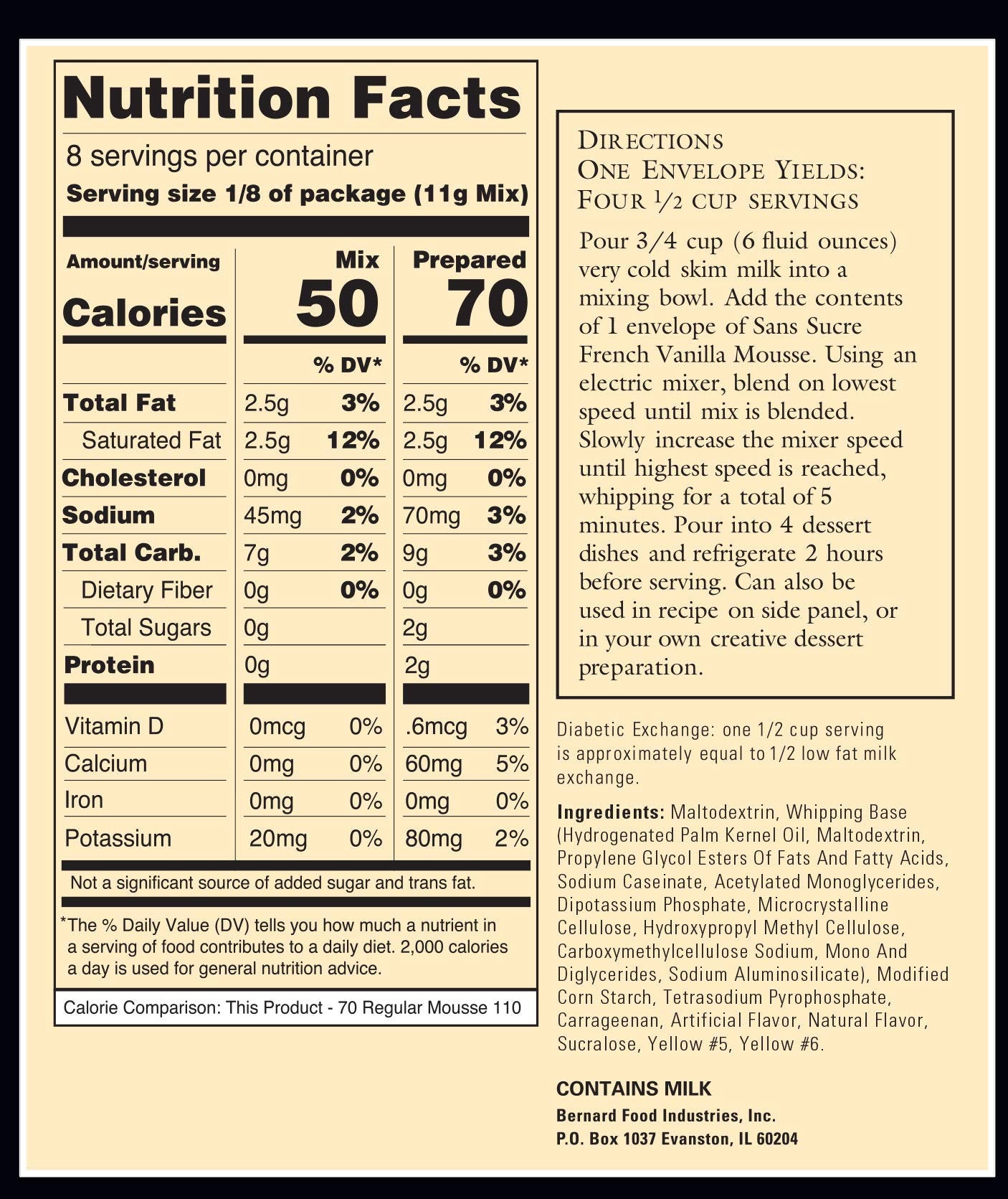 Sans Sucre Mousse Mix - SUGAR FREE, LOW FAT French Vanilla TWO 1.5 OZ ENVELOPES NET WT. 3 OZ. (85G)