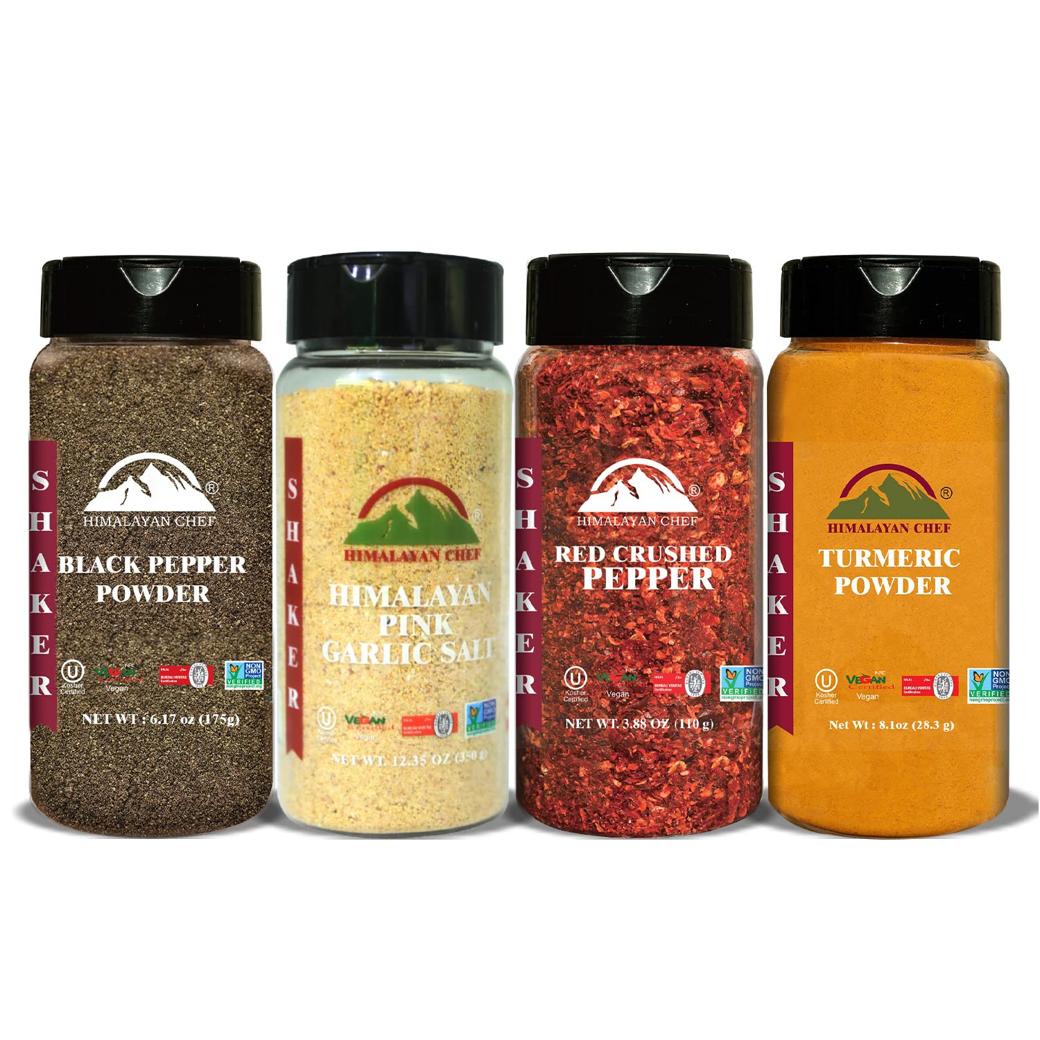Himalayan chef Natural Spices Shaker Variety Pack (Turmeric Powder Black Pepper garlic Salt Powder & Red crushed Pepper) Natural