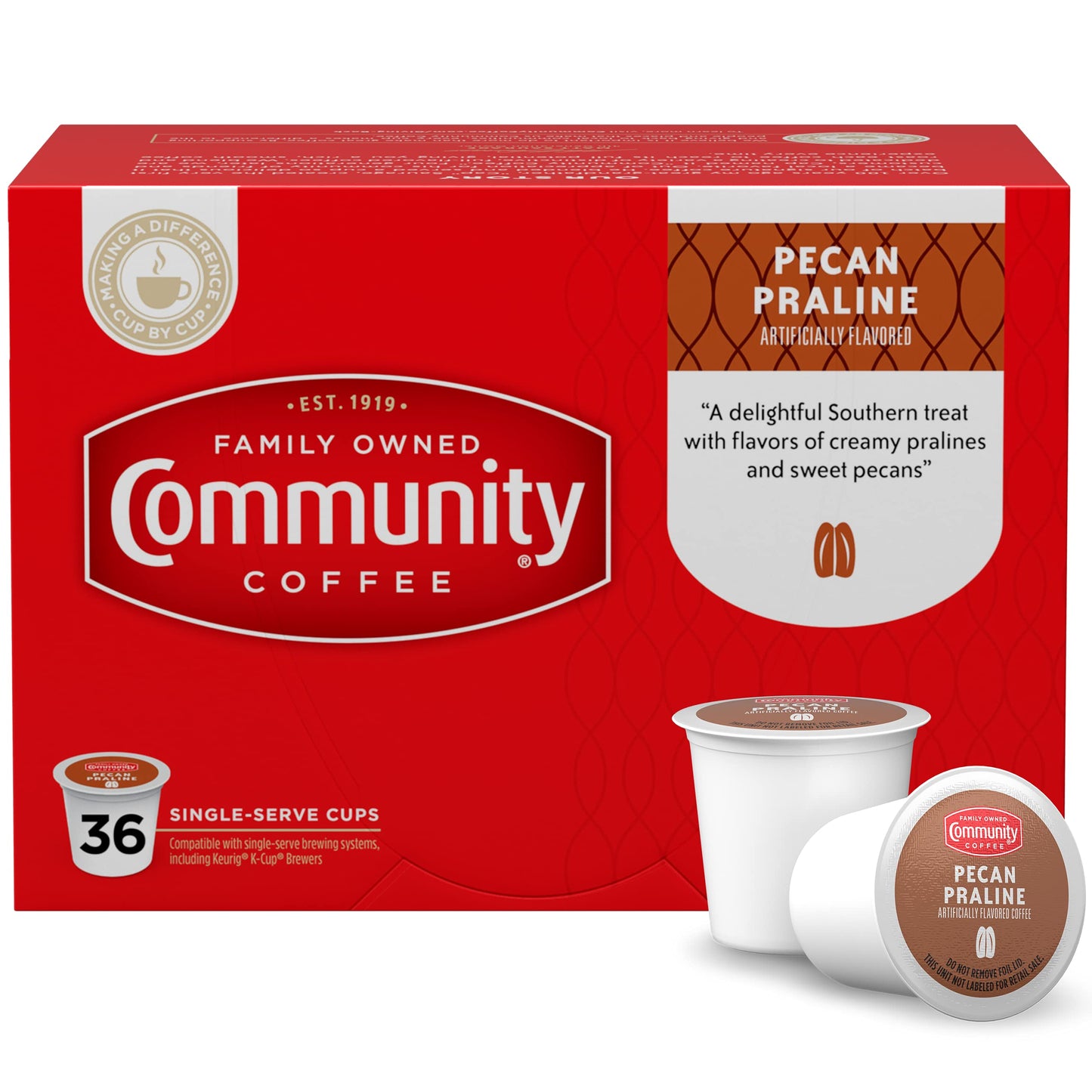 Community Coffee Pecan Praline Flavored Coffee Pods, Medium Roast, 36 Count, Compatible with Keurig 2.0