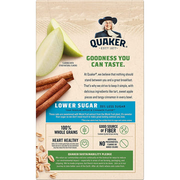 Quaker Instant Oatmeal, Lower Sugar Apples & Cinnamon, 8 Count Boxes (Pack Of 4), 1.09 Ounce (Pack Of 32)