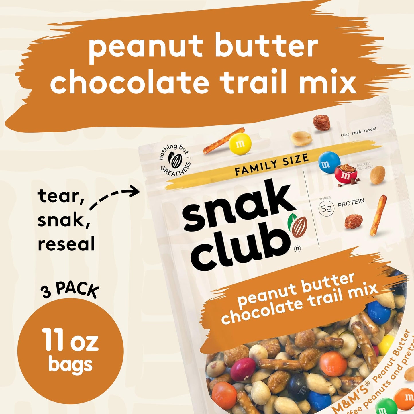Snak Club Peanut Butter Chocolate Trail Mix with Peanuts, Peanut Butter M&MS, Toffee Peanuts, and Pretzels, 11 oz Resealable Bag