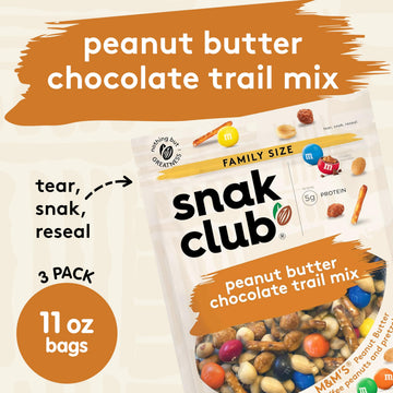 Snak Club Peanut Butter Chocolate Trail Mix with Peanuts, Peanut Butter M&MS, Toffee Peanuts, and Pretzels, 11 oz Resealable Bag