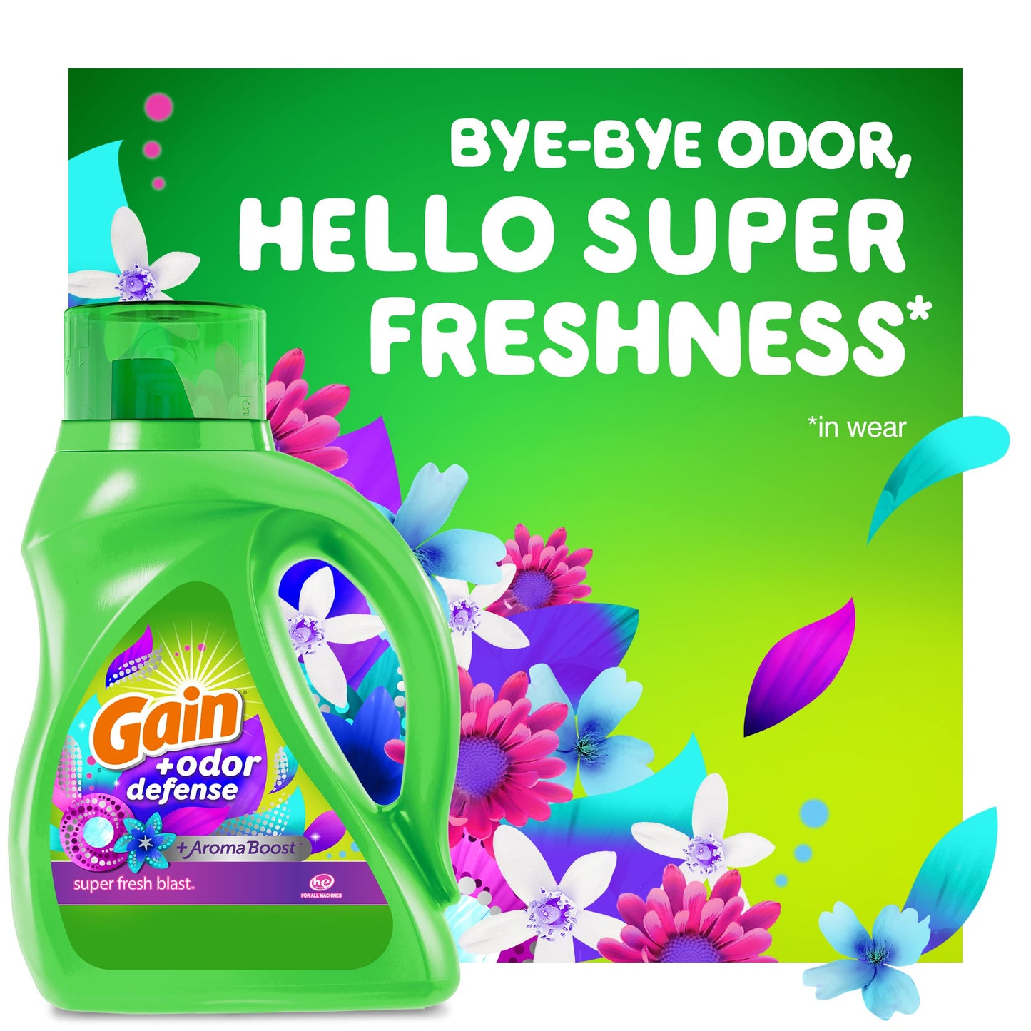 Gain + Odor Defense Liquid Laundry Detergent, Super Fresh Blast Scent, 88 Oz, 61 Loads, He Compatible