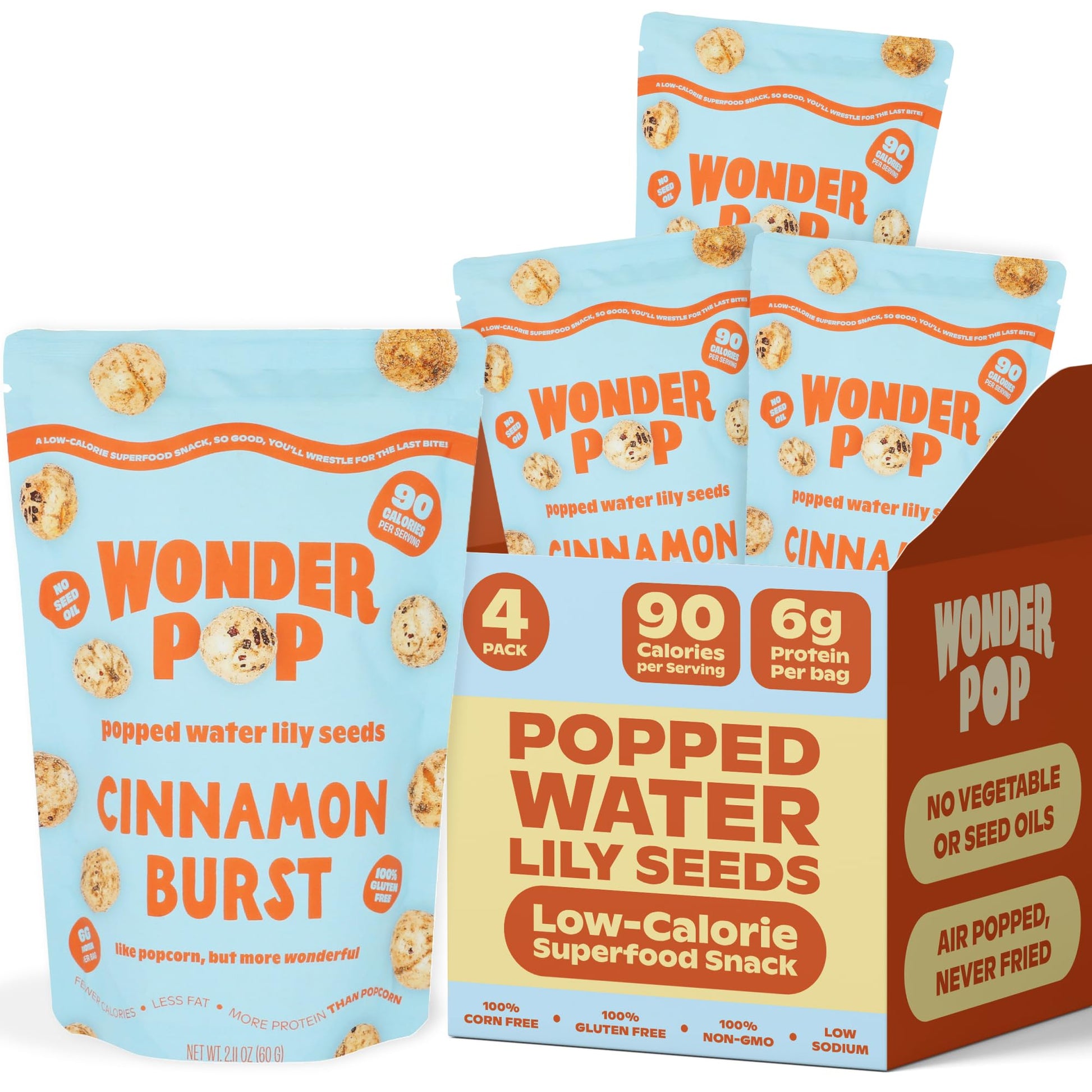 WonderPop Cinnamon Burst - Popped Water Lily Seeds (4-Pack) | Sweet Crunch, 90 Calorie, 6g Protein, Gluten-Free, Non-GMO | Healt